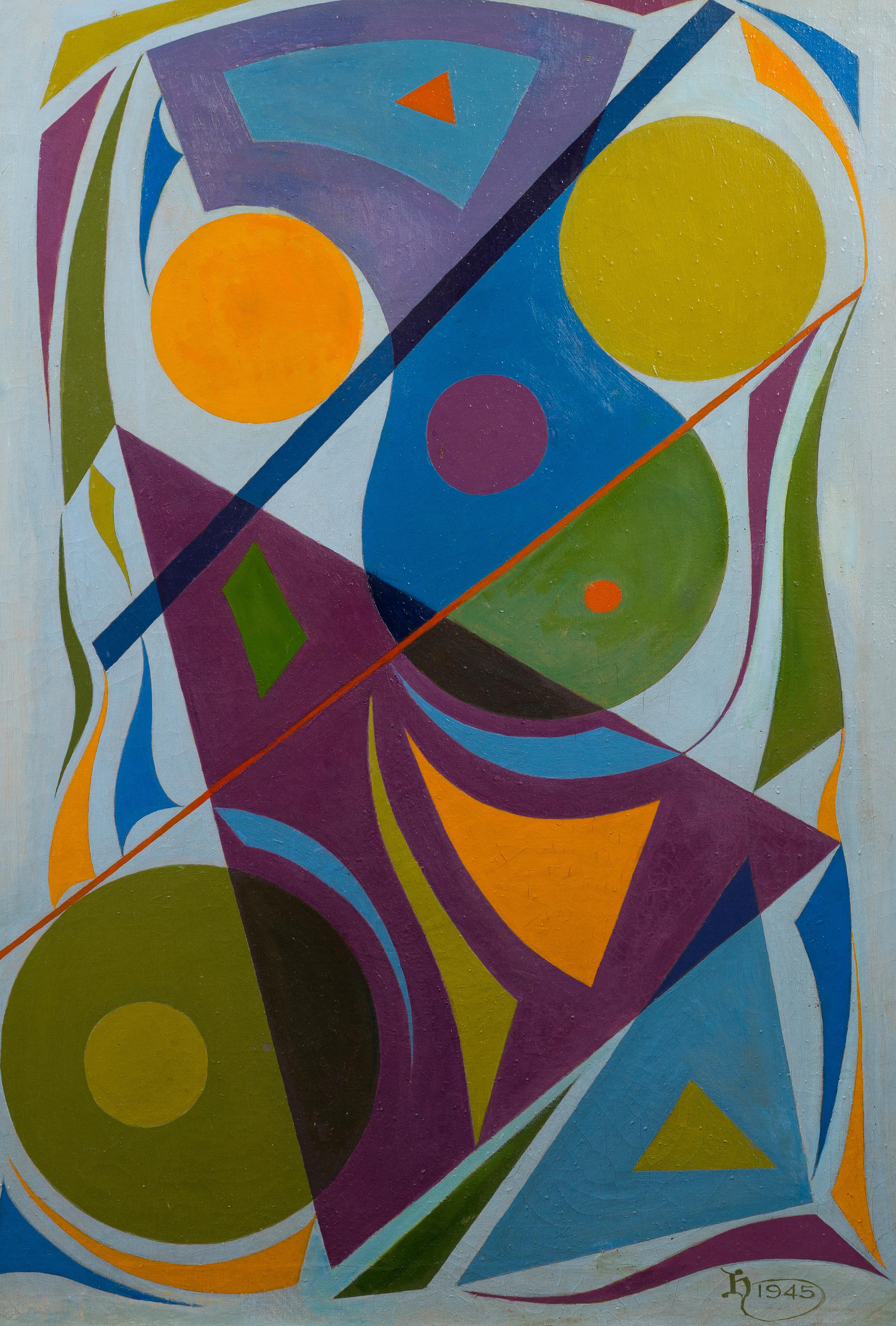 Importante peinture géométrique abstraite de l'école américaine, signée en vente 1