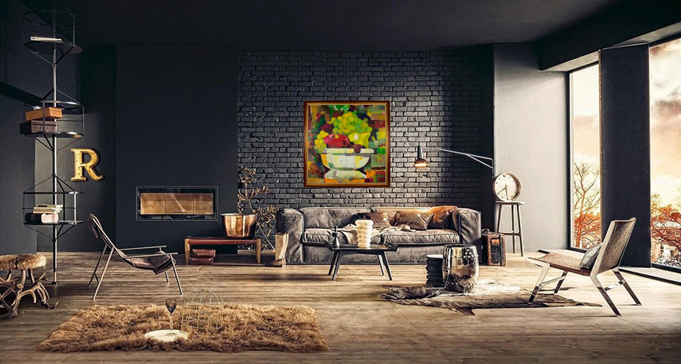 Important Still Life Oil on Canvas Painting, Centerpiece Bowl with Fruits - Brown Figurative Painting by Unknown