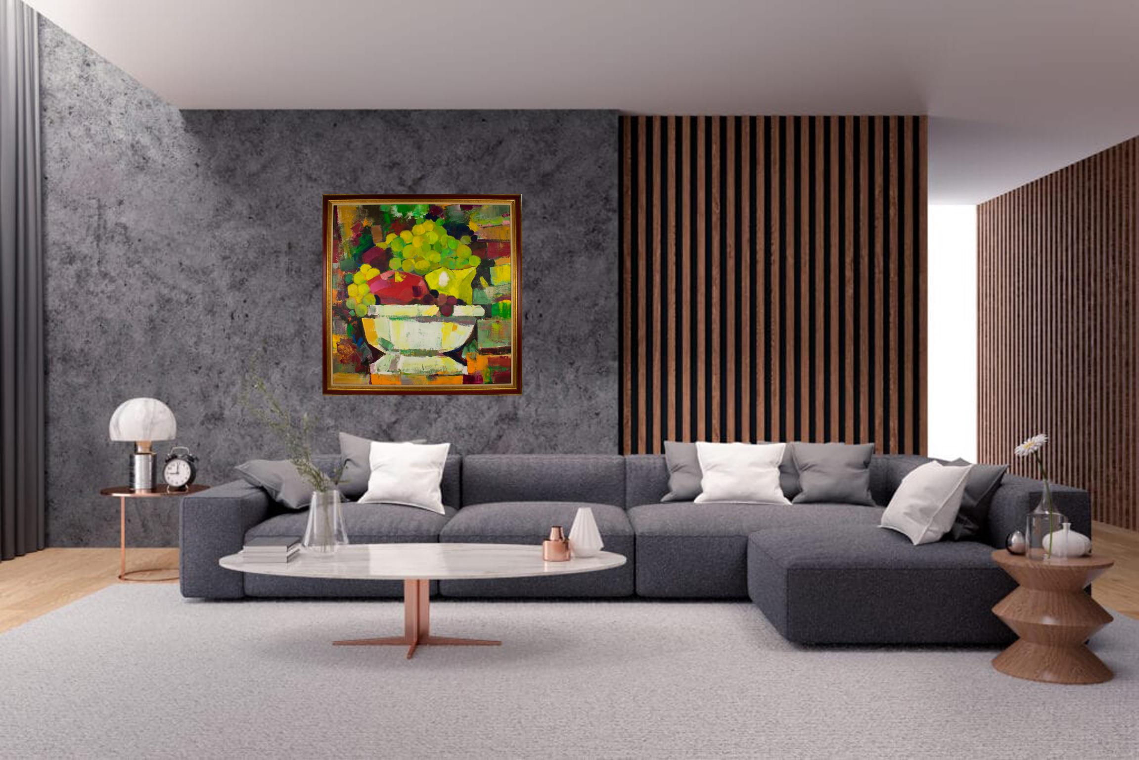 Important Still Life Oil on Canvas Painting, Centerpiece Bowl with Fruits For Sale 1