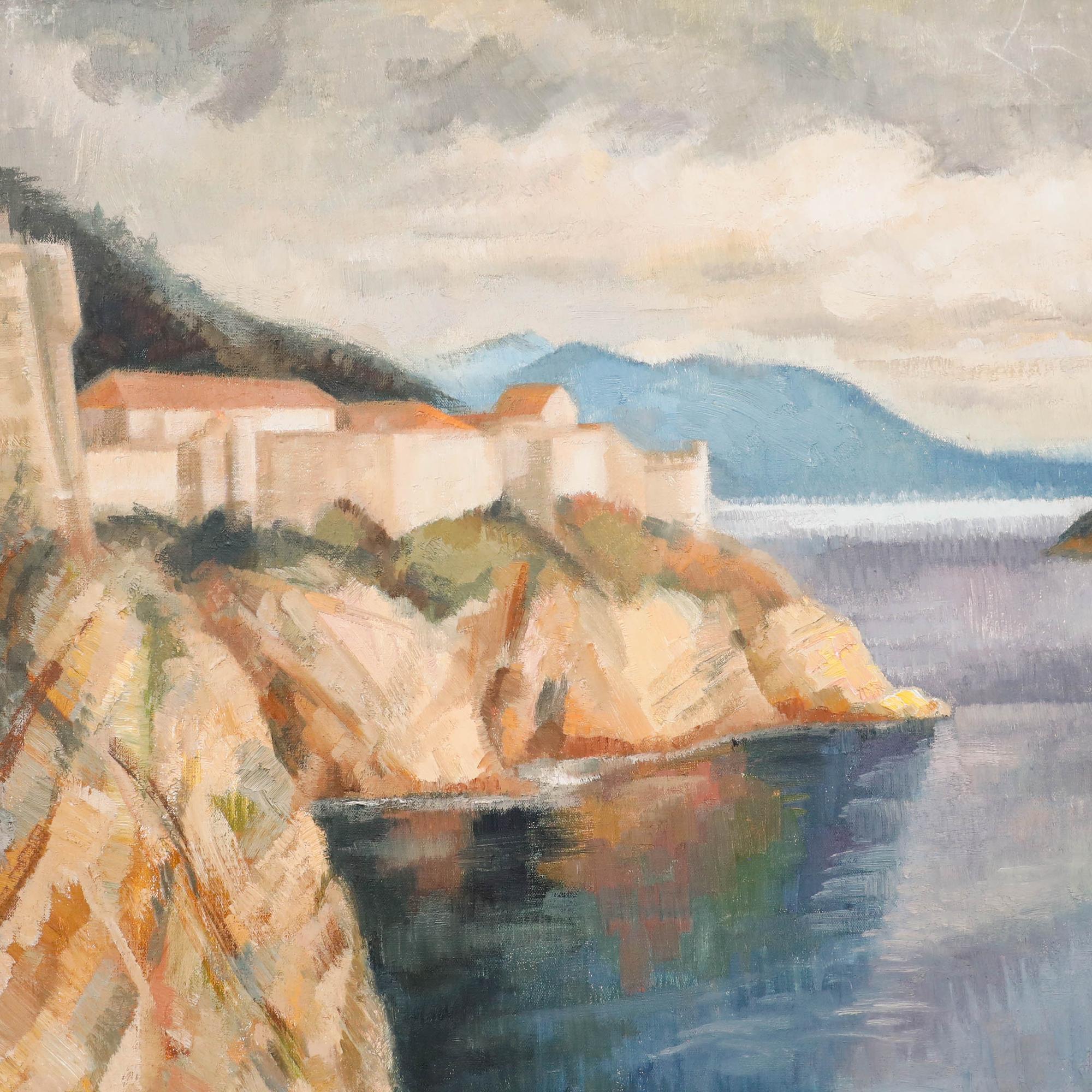 The fortified walls of Dubrovnik sit atop dramatic cliffs in this captivating coastal scene. The artist captures the cliff face bathed in golden evening light in a rich impressionistic patchwork of brown, beige, green, and blue tones. Unsigned. On