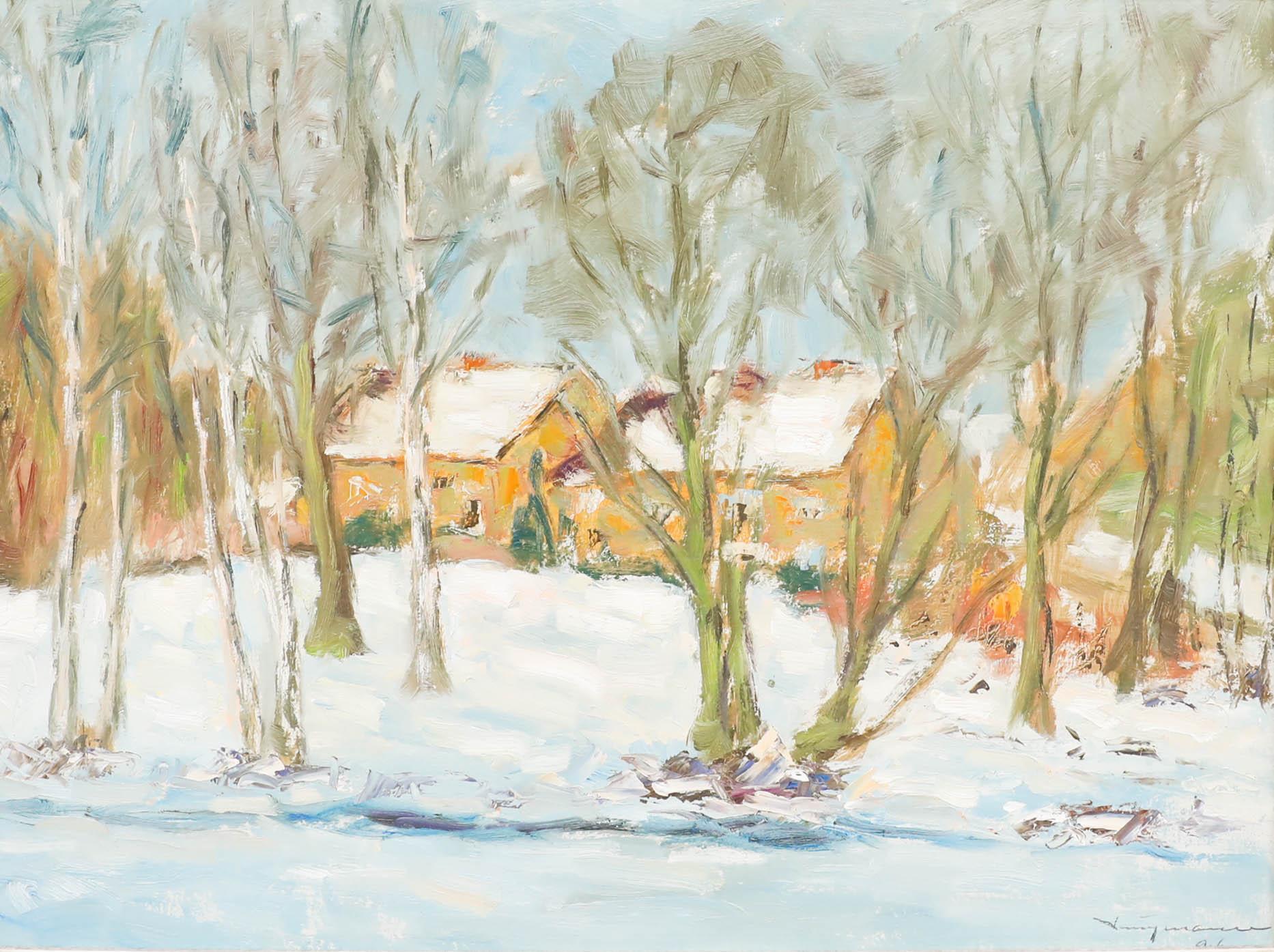 Huile impressionniste du 20e siècle - Neige d'hiver - Painting de Unknown