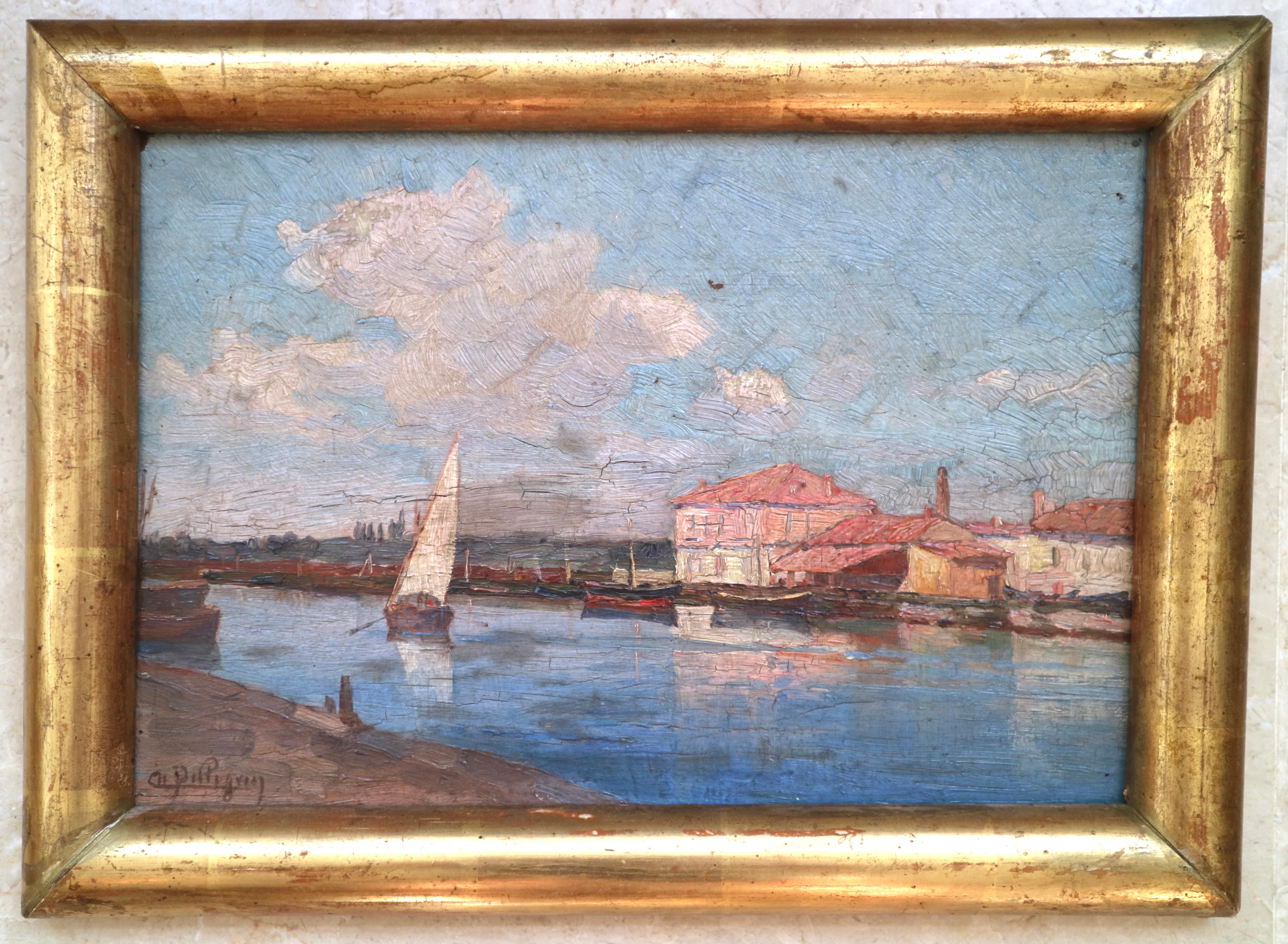 French impressionist school, Marina with boat - Painting by Unknown