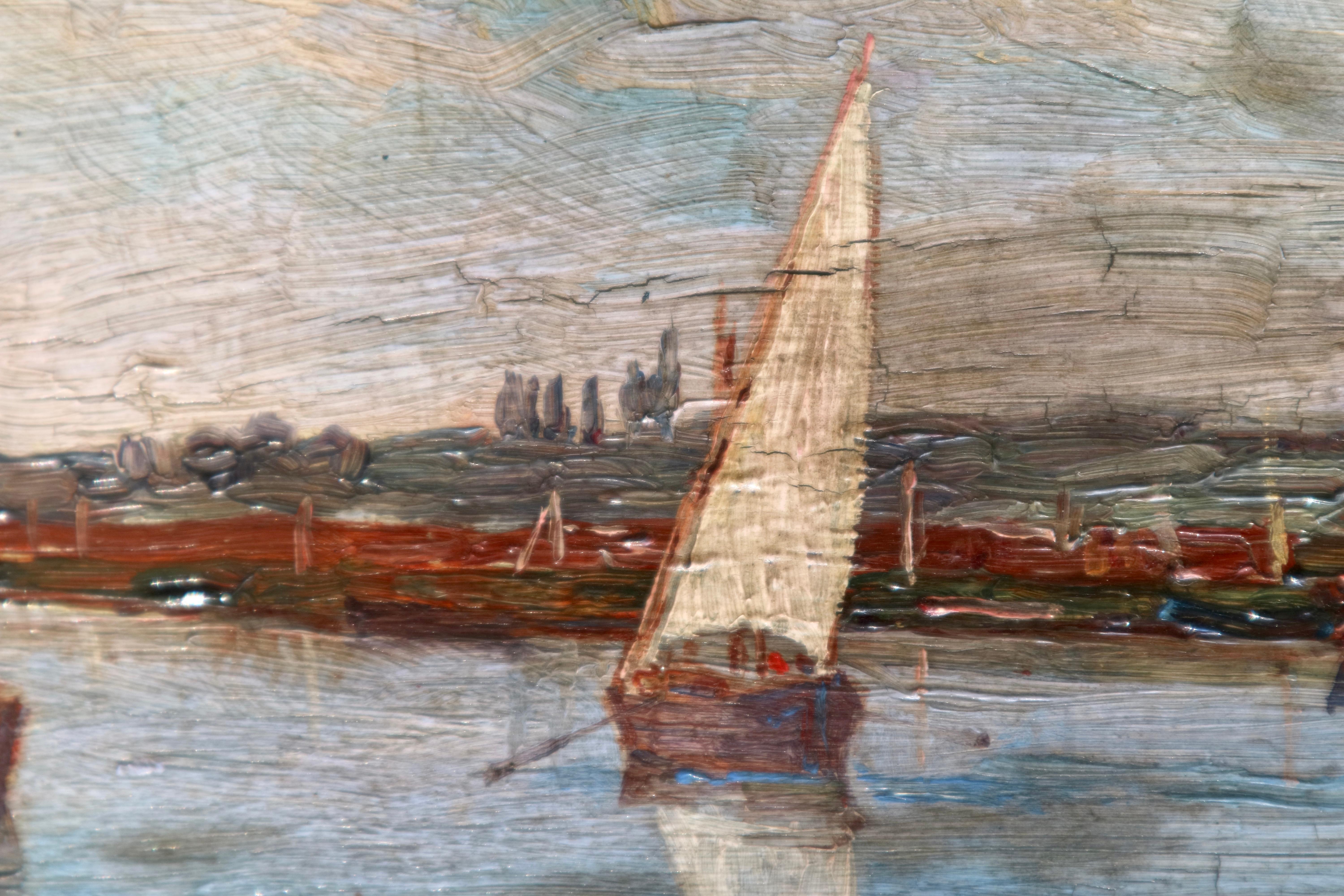 École impressionniste française, Marina avec bateau - Impressionnisme Painting par Unknown