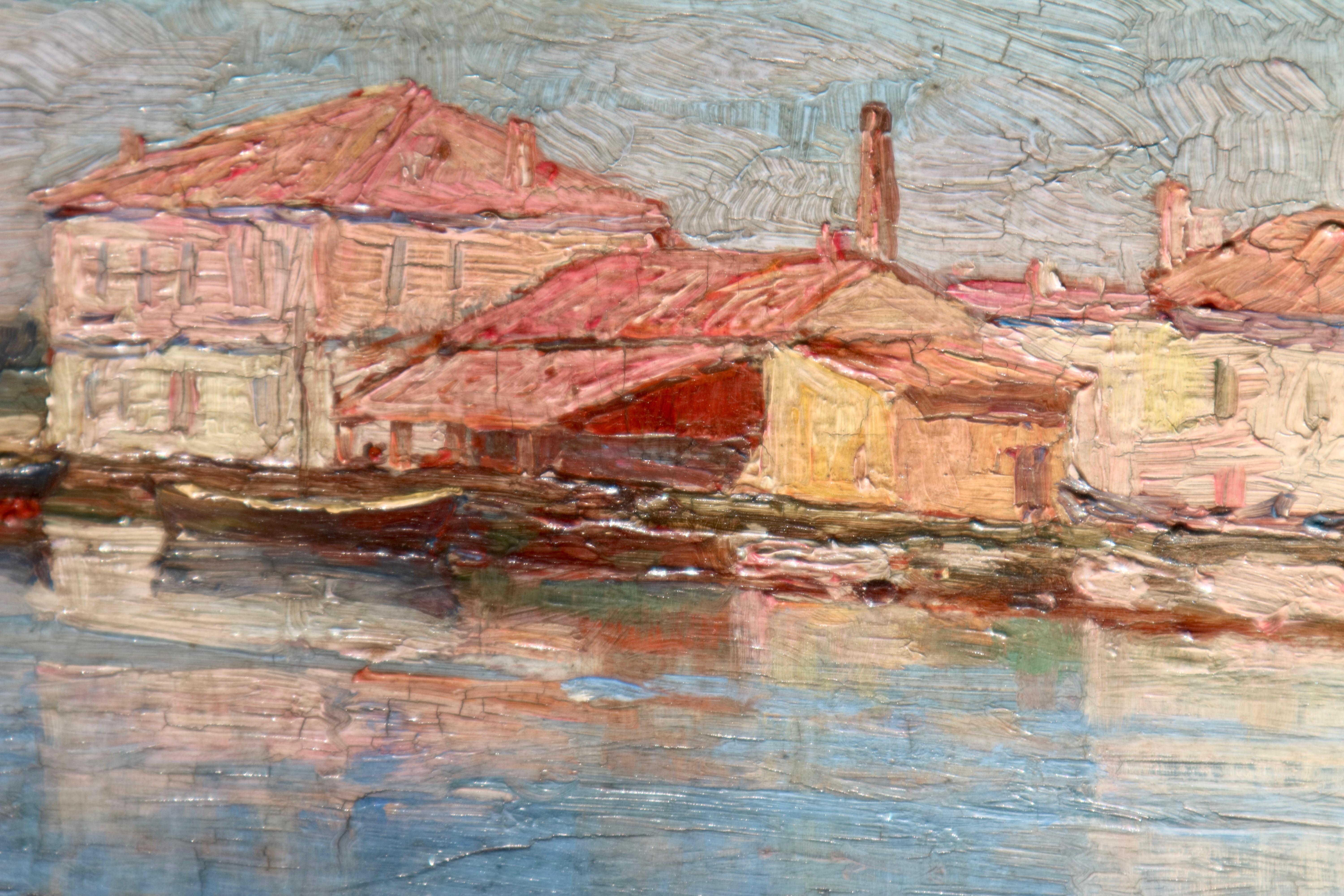 French impressionist school, Marina with boat - Brown Landscape Painting by Unknown