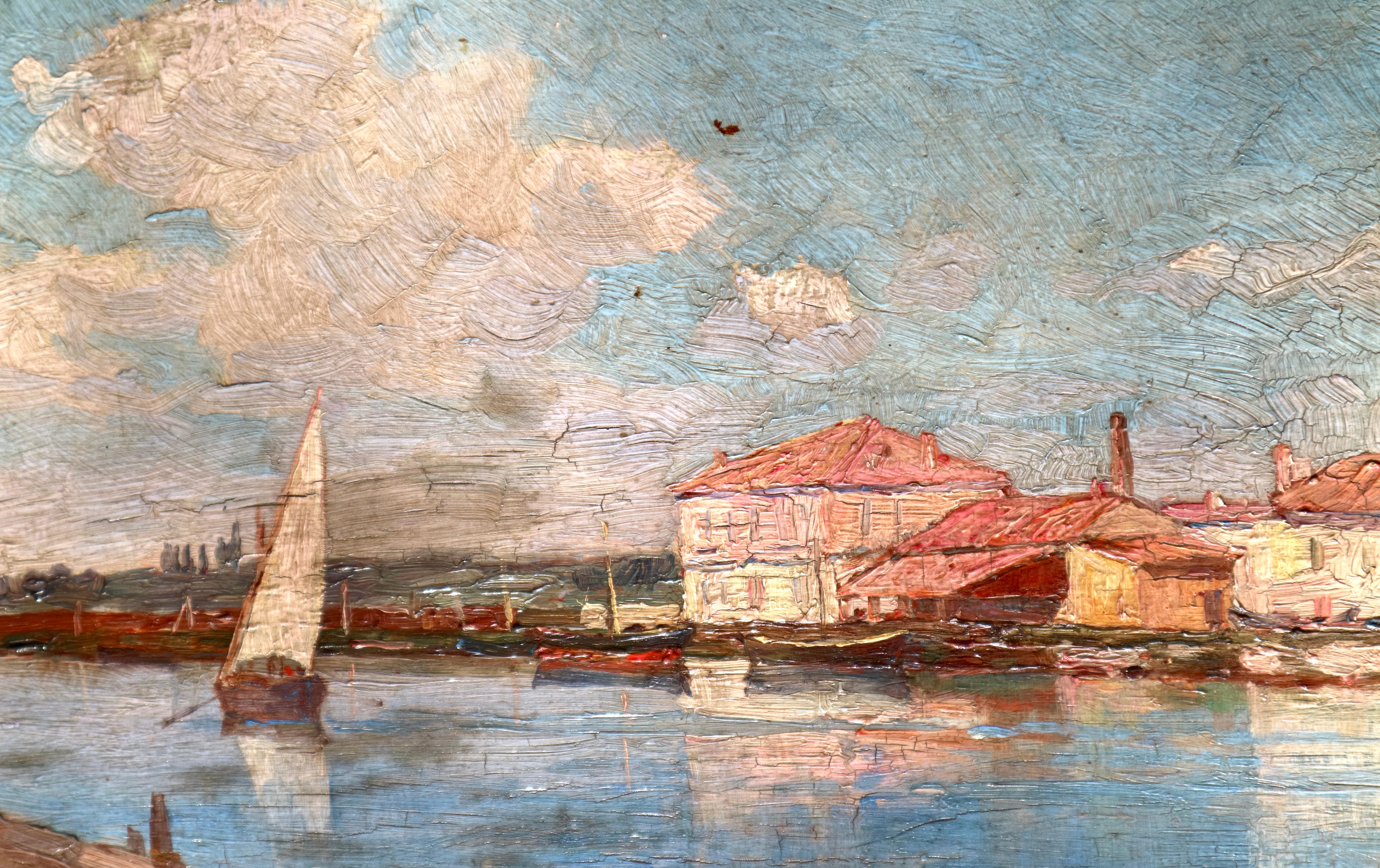 Landscape Painting de Unknown - Escuela impresionista francesa, Puerto deportivo con barco