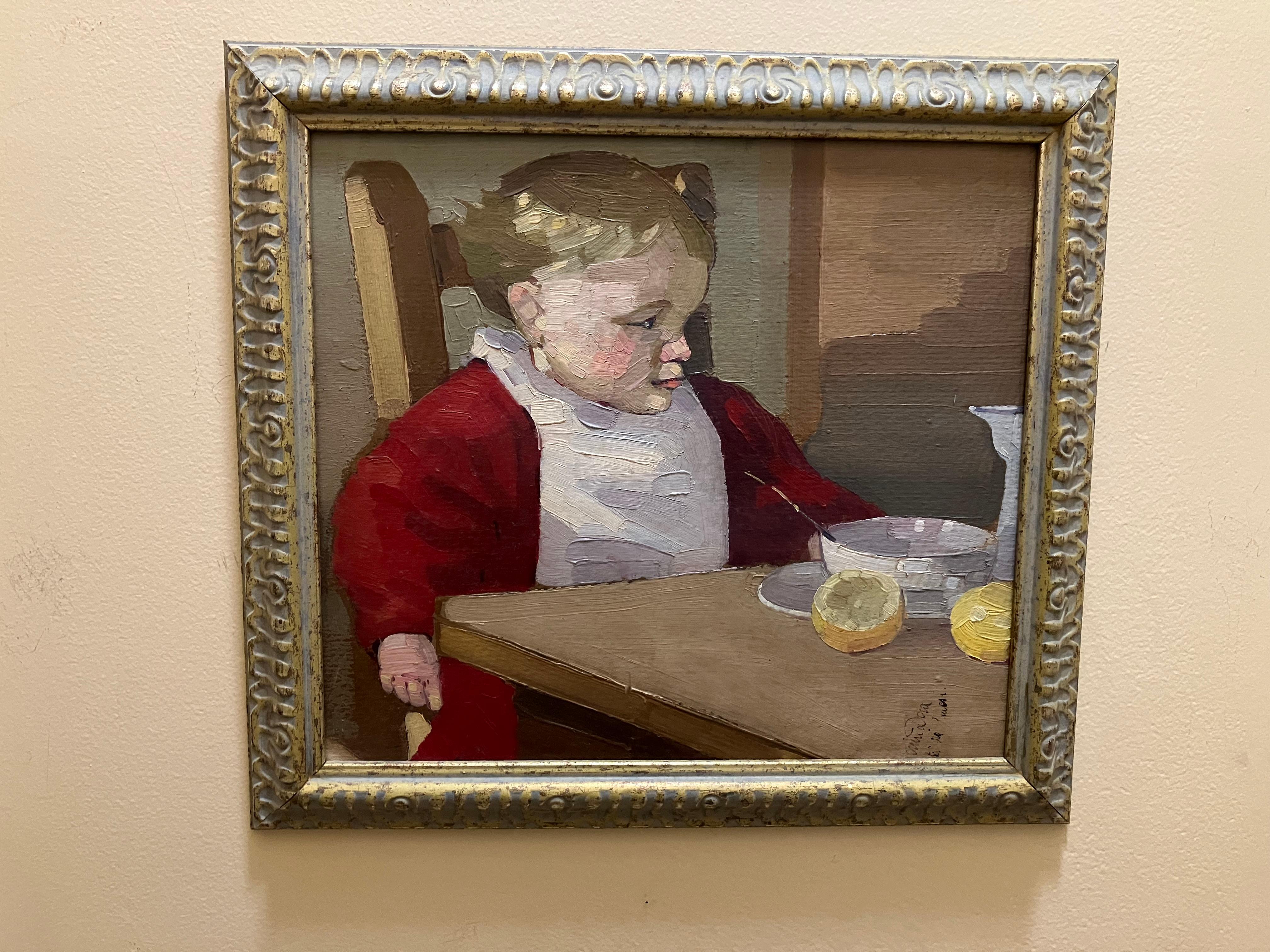 Impressionist Baby eating breakfast - Painting by Unknown