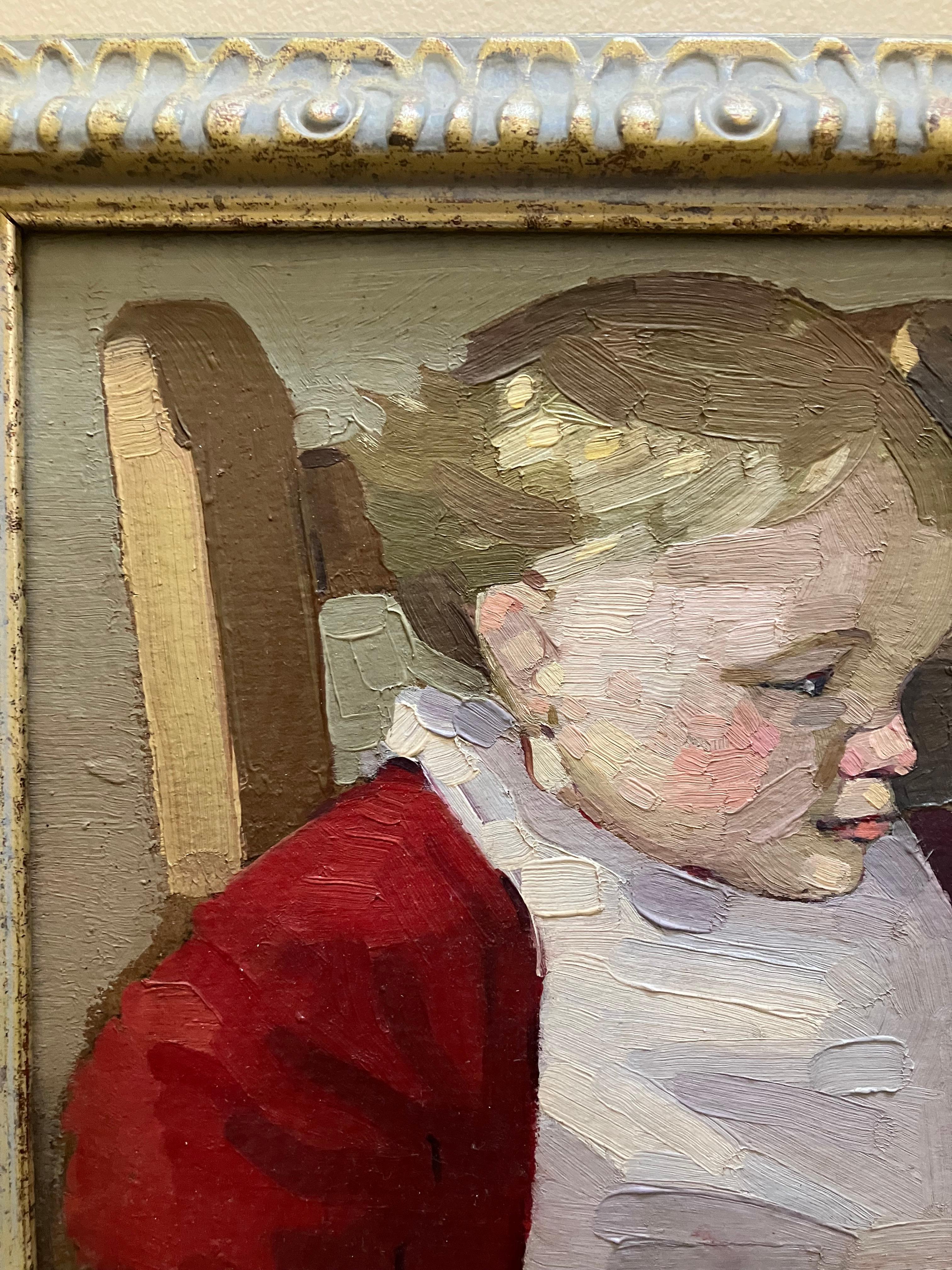 Impressionist Baby eating breakfast - Brown Figurative Painting by Unknown