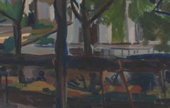 Impressionist City Park Bench, Oil Painting, 20th Century
