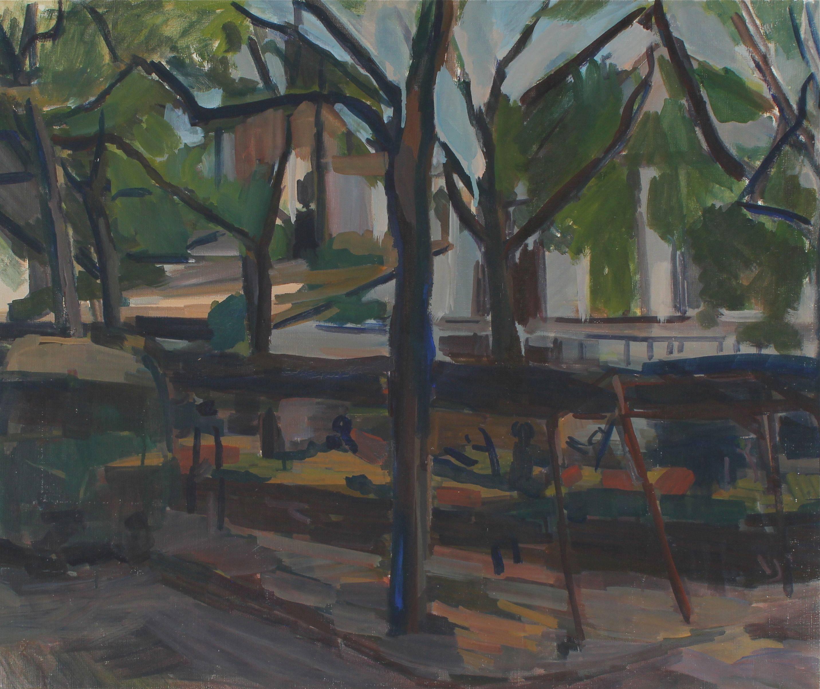 Impressionist City Park Bench, Oil Painting, 20th Century