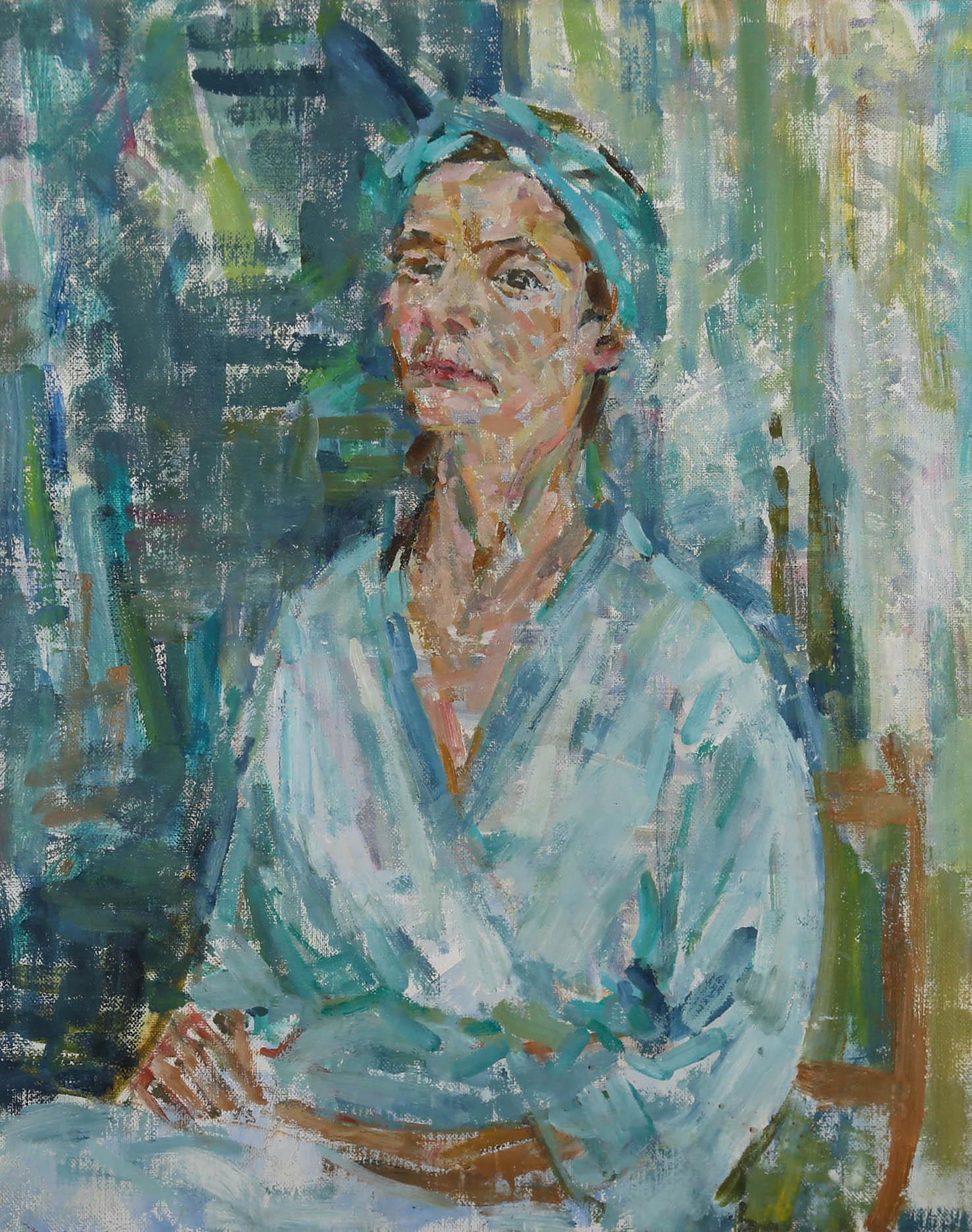 Impressionist Contemporary Oil - Woman in Blue - Painting by Unknown