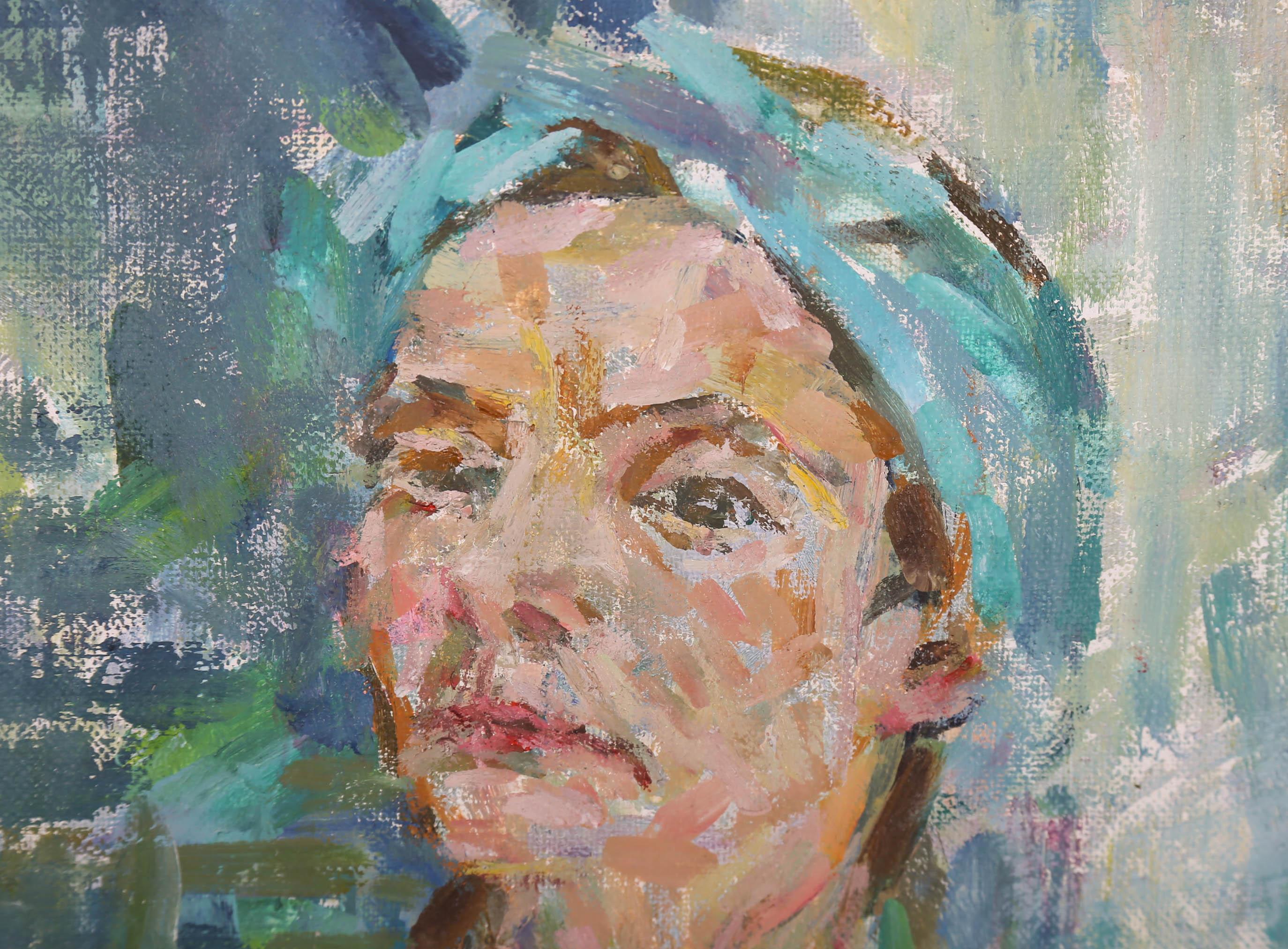 painting of woman with blue headscarf