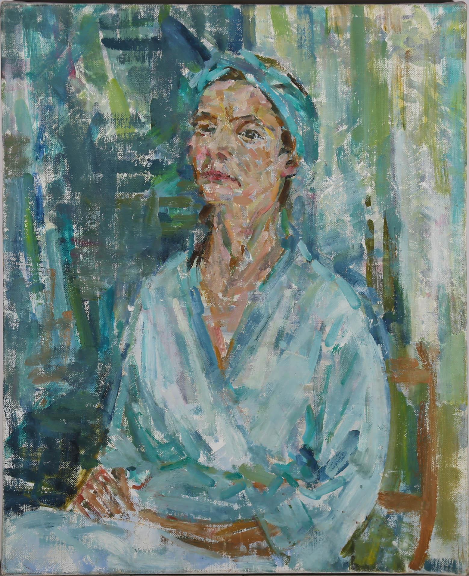 Unknown Portrait Painting - Impressionist Contemporary Oil - Woman in Blue