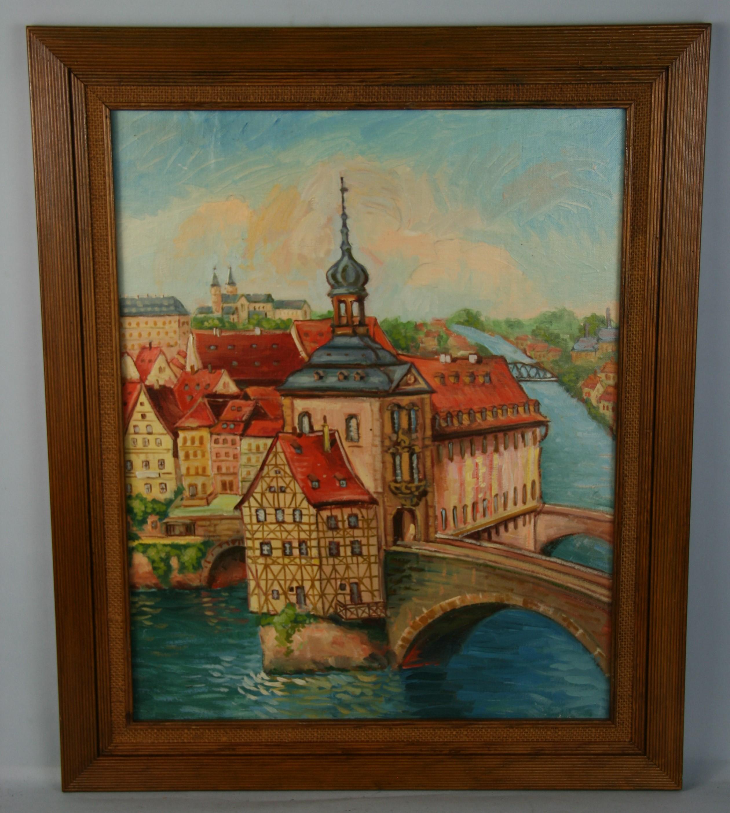 Impressionist European City View Landscape 1966 - Painting by Unknown