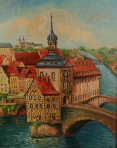 Paysage impressionniste européen d'une vue de ville 1966