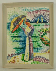 Retro Impressionist Figurative Lady  With an Umbrella 