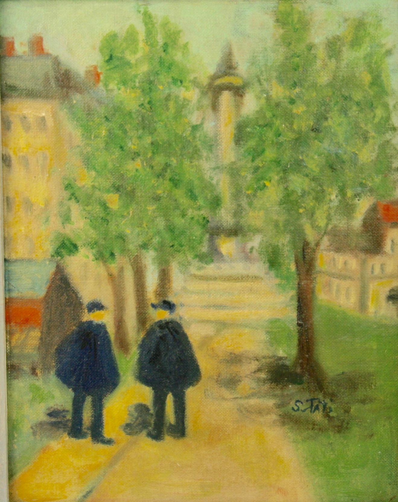 Vintage French Impressionist Figurative  Old  Paris Street Landscape - Painting by Unknown