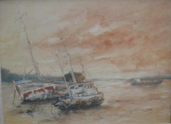 Impressionist.: 'Fishing Boats at Low Tide' oil circa 70's Mall Galleries.London