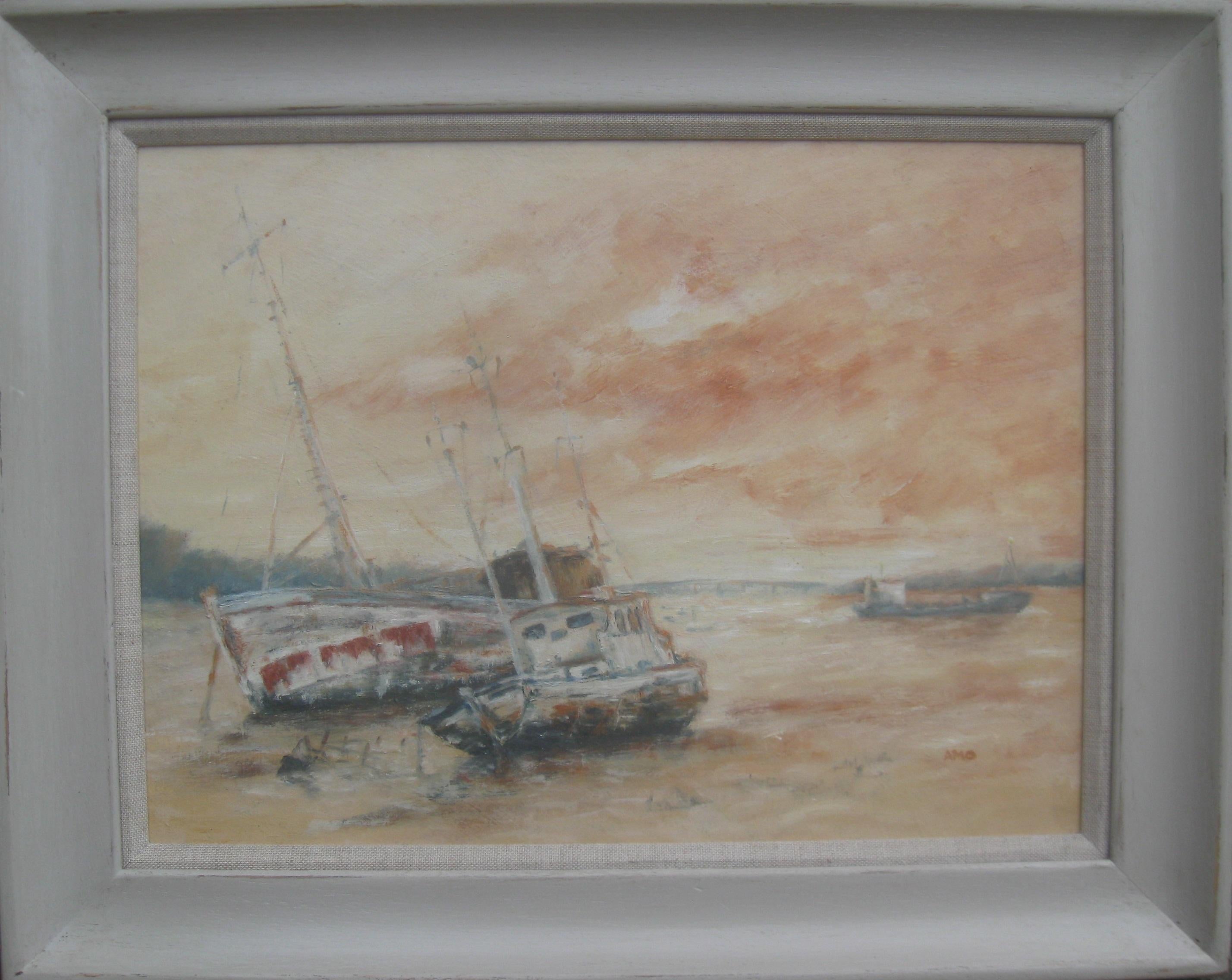Impressionist.: 'Fishing Boats at Low Tide' oil circa 70's Mall Galleries.London
