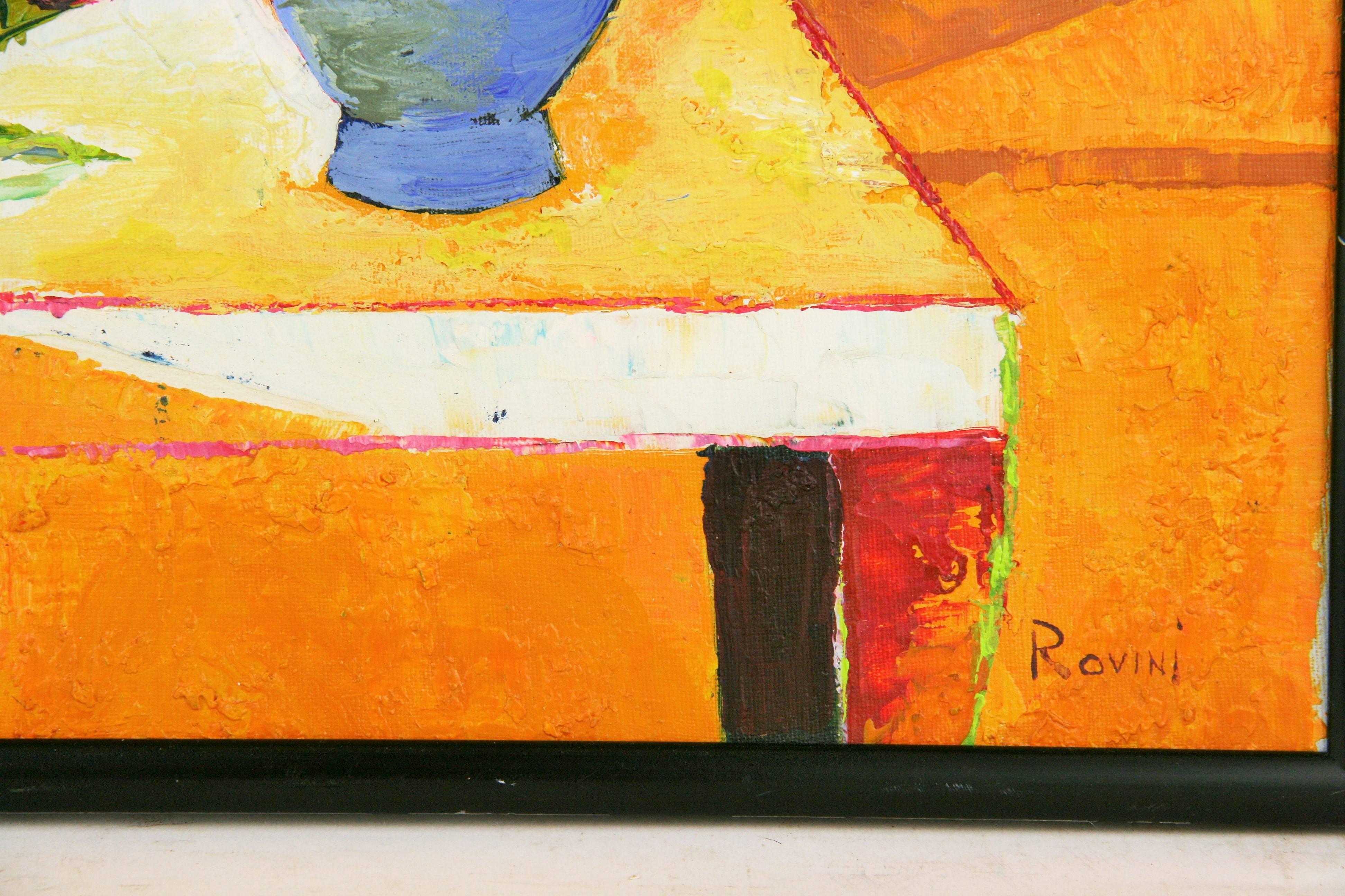 Fleurs impressionnistes dans un  Vase bleu Nature morte de Rovini - Painting de Unknown