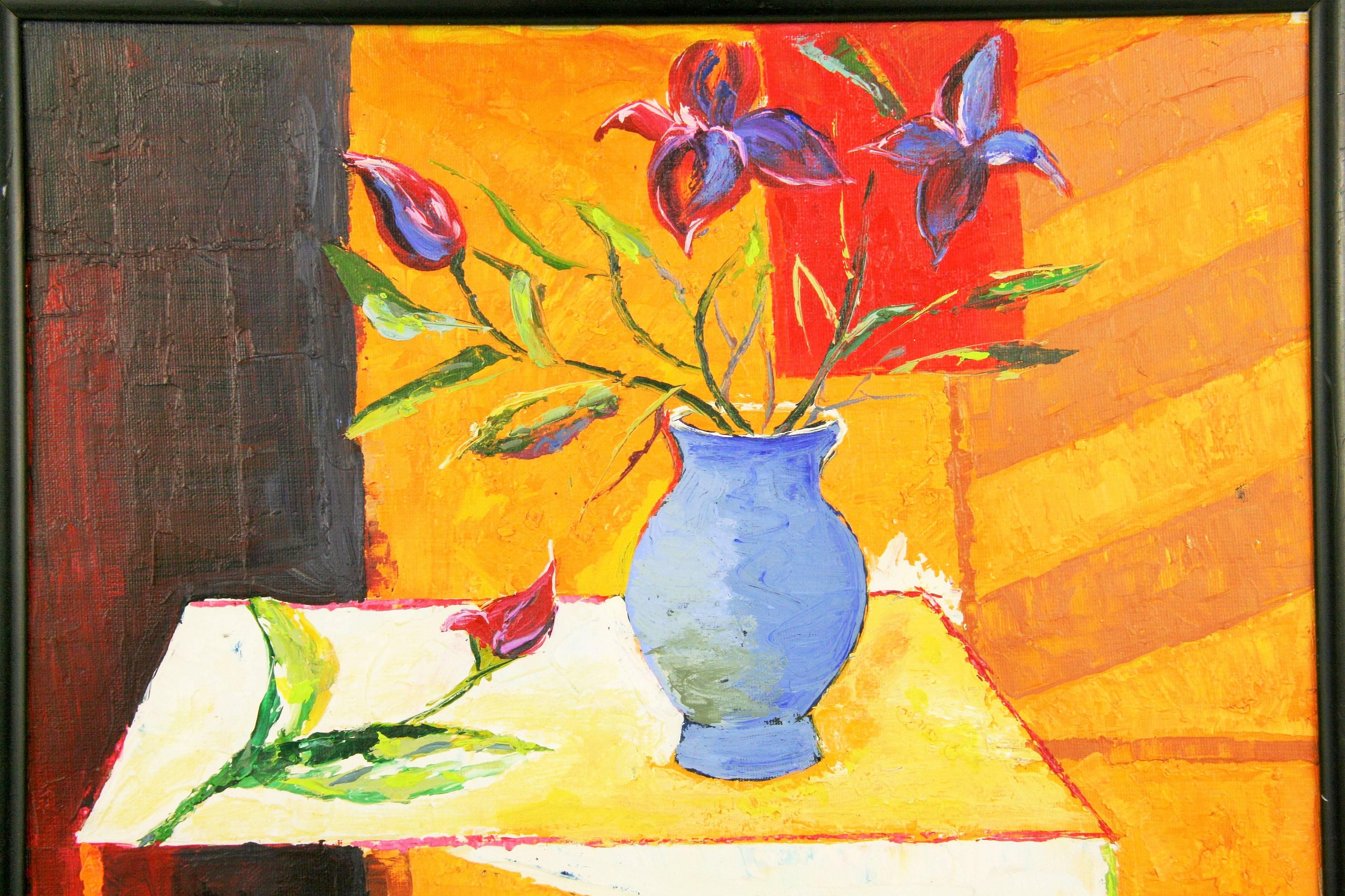 Fleurs impressionnistes dans un  Vase bleu Nature morte de Rovini - Orange Still-Life Painting par Unknown