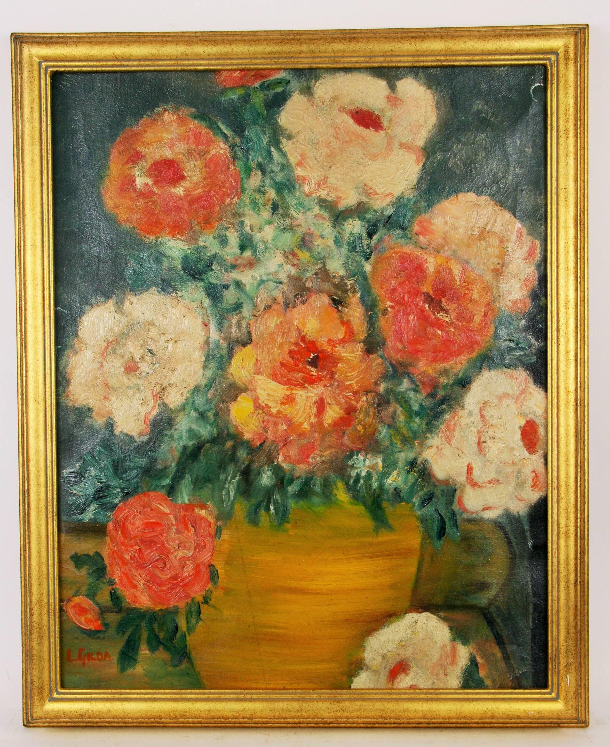 5-3213a  Impressionist style floral still life
Displayed in a gilt wood frame
Image size 19.5x15.5