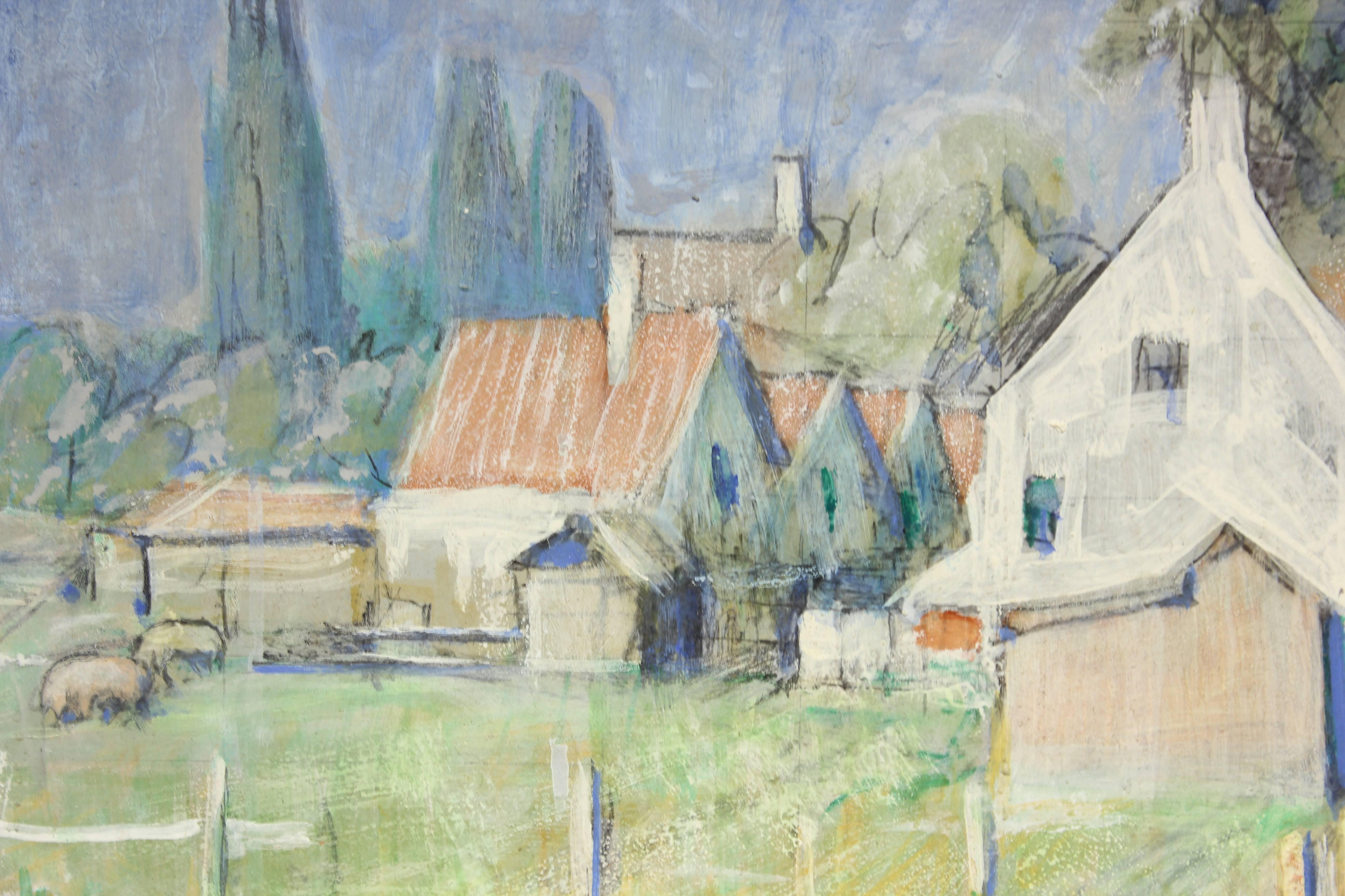 Gorgeous French countryside painting of a white house and a field in pastel tones. Signed and dated on the back. 
Dimensions Without Frame: H 12.88 in. x W 15.5 in. x D 1 in.
