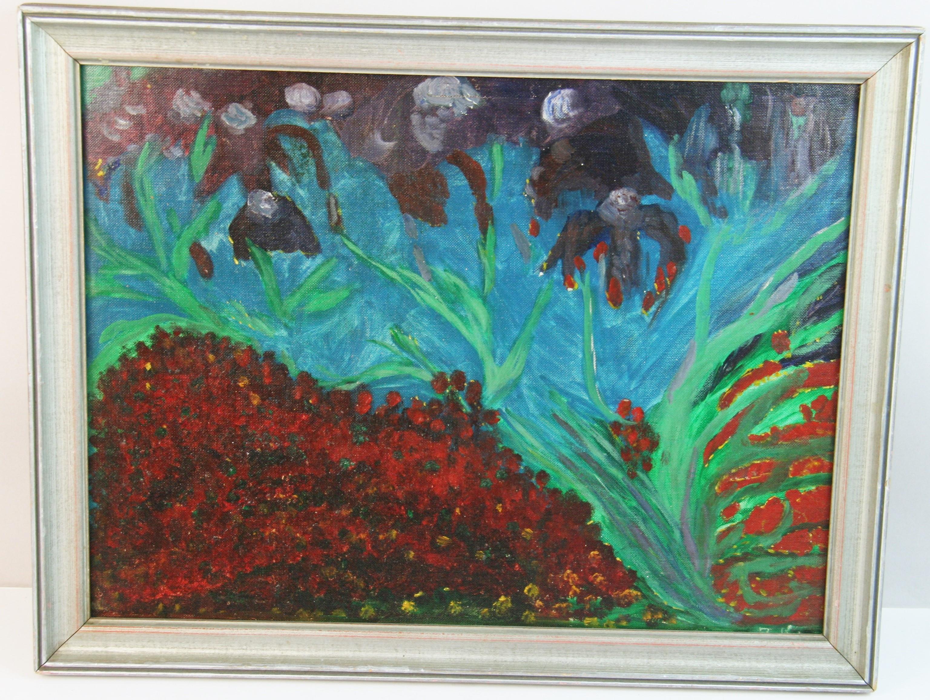 Impressionist Garden Landscape with Purple and Red Flowers Oil Painting - Gray Landscape Painting by Unknown