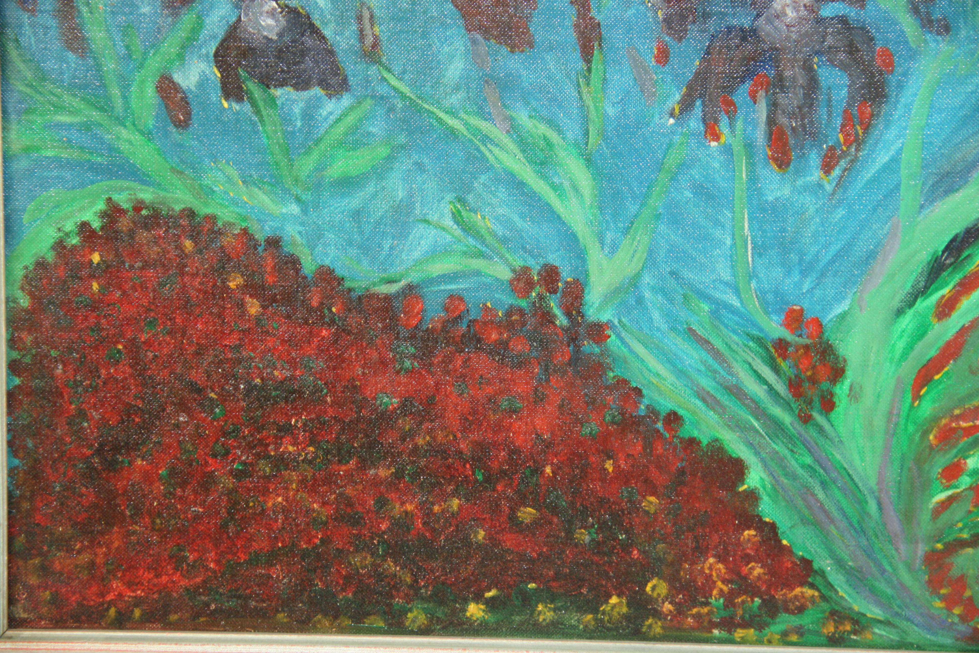 Impressionist Garden Landscape with Purple and Red Flowers Oil Painting For Sale 1