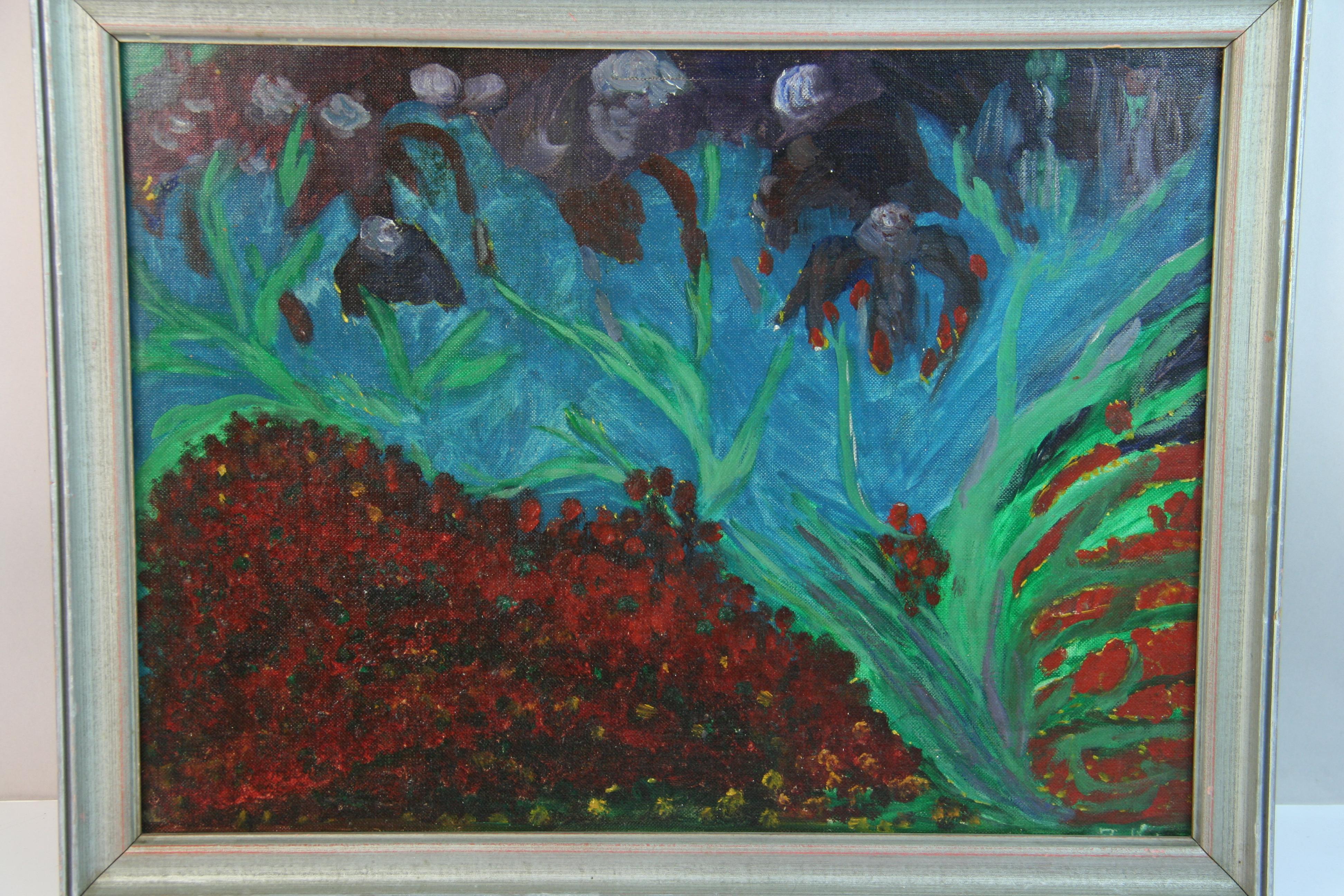 Impressionist Garden Landscape with Purple and Red Flowers Oil Painting For Sale 2