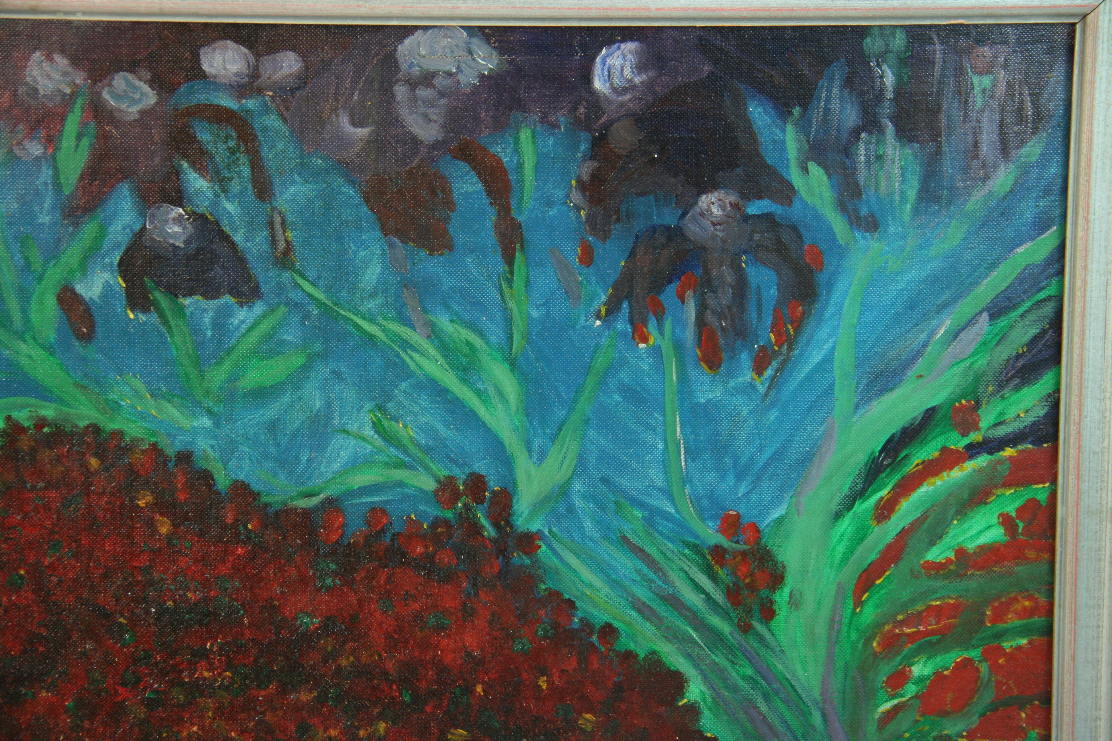 Impressionist Garden Landscape with Purple and Red Flowers Oil Painting For Sale 3