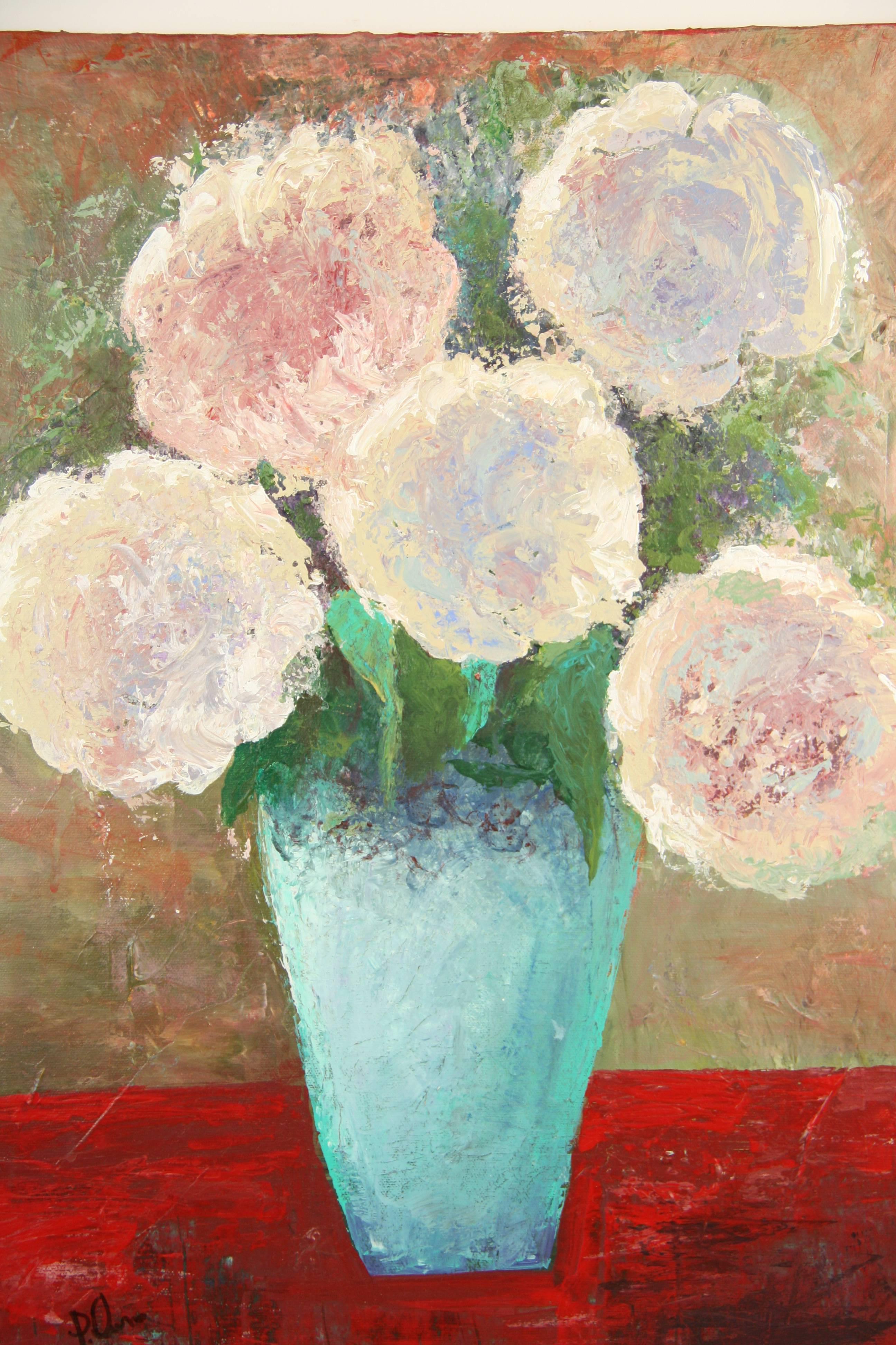 #5-2837a Nature morte contemporaine d'un bouquet d'hortensias dans un vase torquoise, acrylique sur toile signée par P.Russo
Non encadré