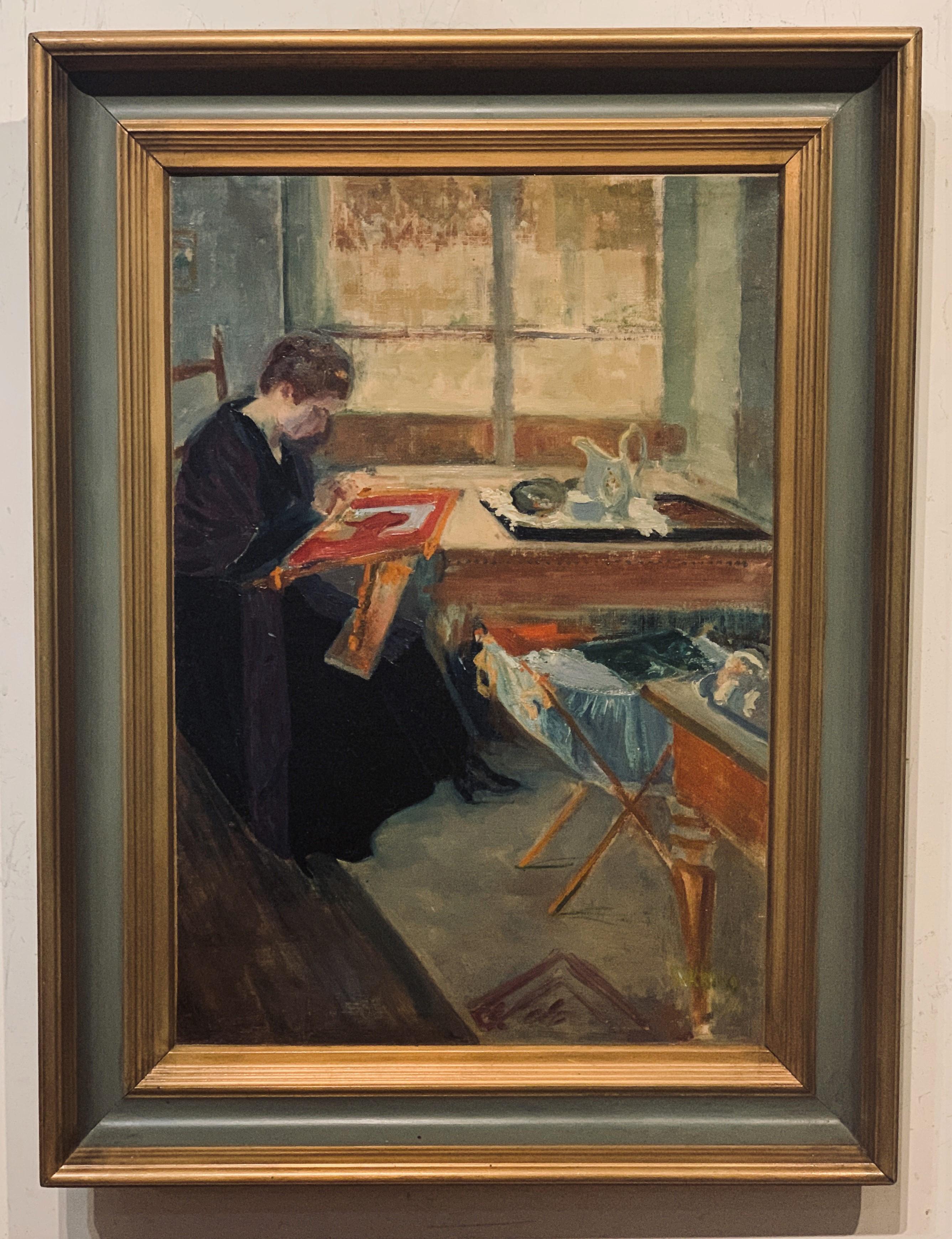 Impressionist Interior of Woman at Table signed Hekking