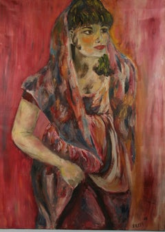 Impressionist Large oil on Canvas Veiled Lady in Red