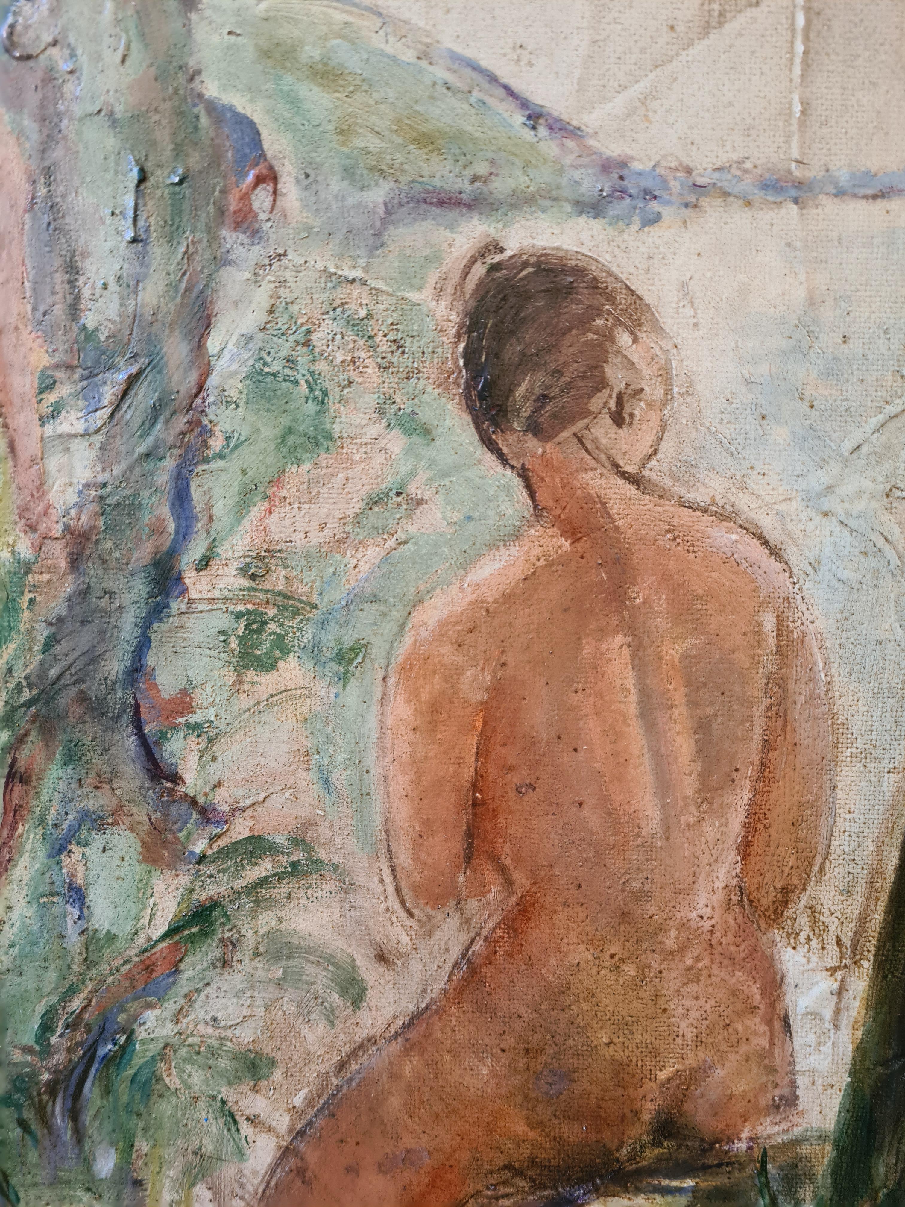 Impressionistisches Ölgemälde mit weiblichen Akten, die sich in einer Flusslandschaft tummeln. Das Gemälde ist unten links mit den Initialen 