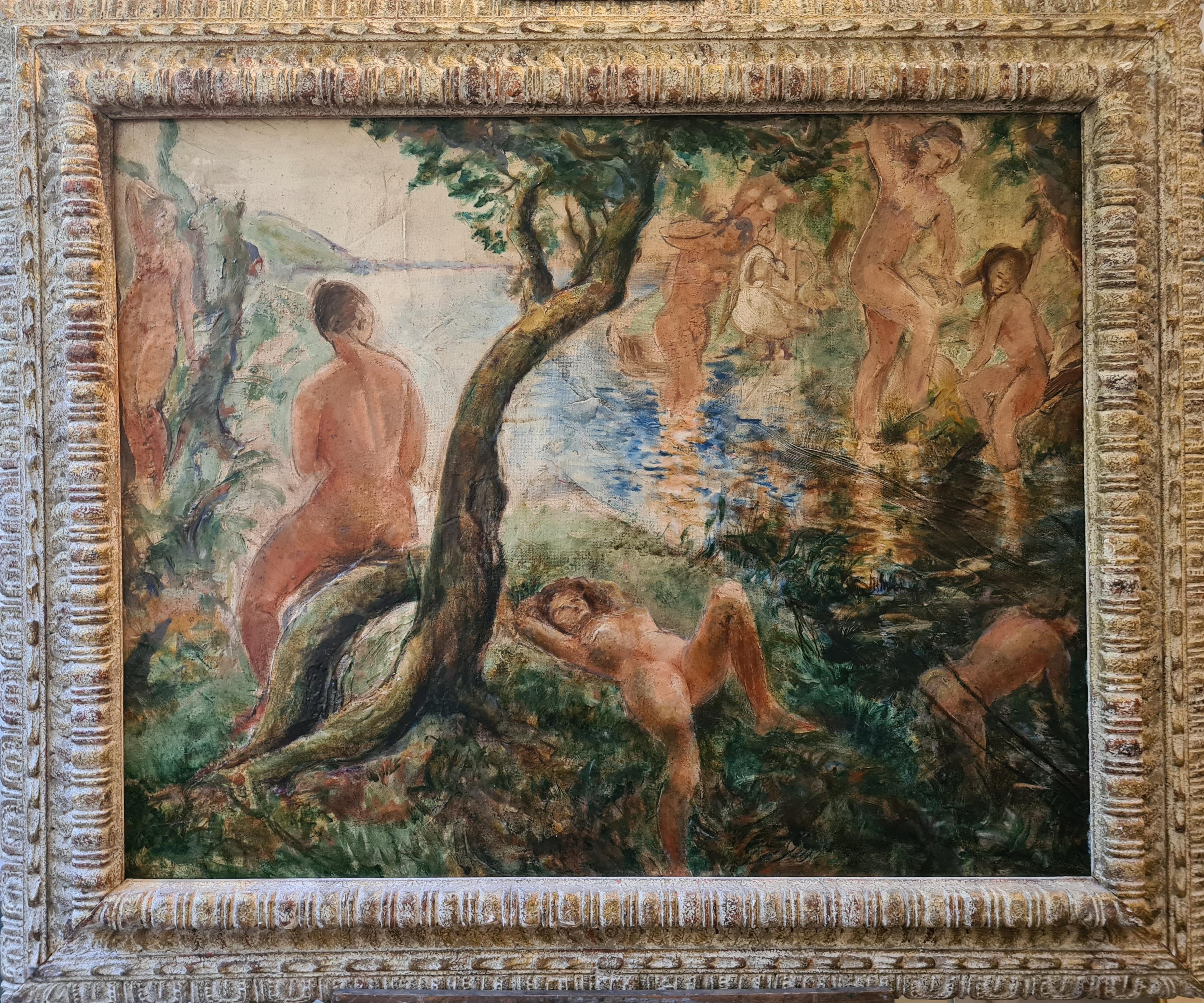 Unknown Nude Painting – Impressionistische großformatige weibliche Akte in einer Landschaft, "L' été a la rivière".