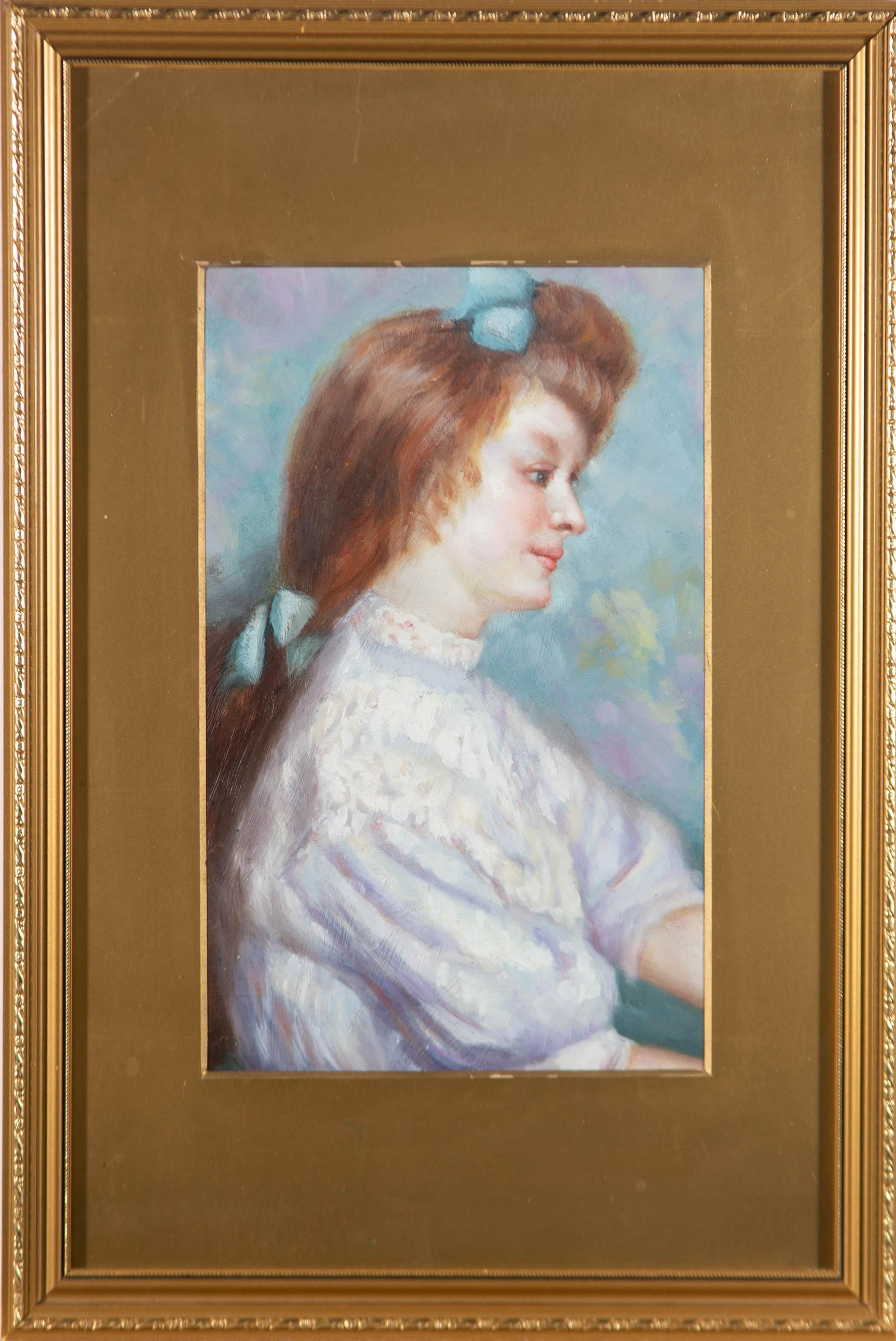 Unknown Portrait Painting - Impressionist Mid 20th Century Oil - Pretty Edwardian Woman