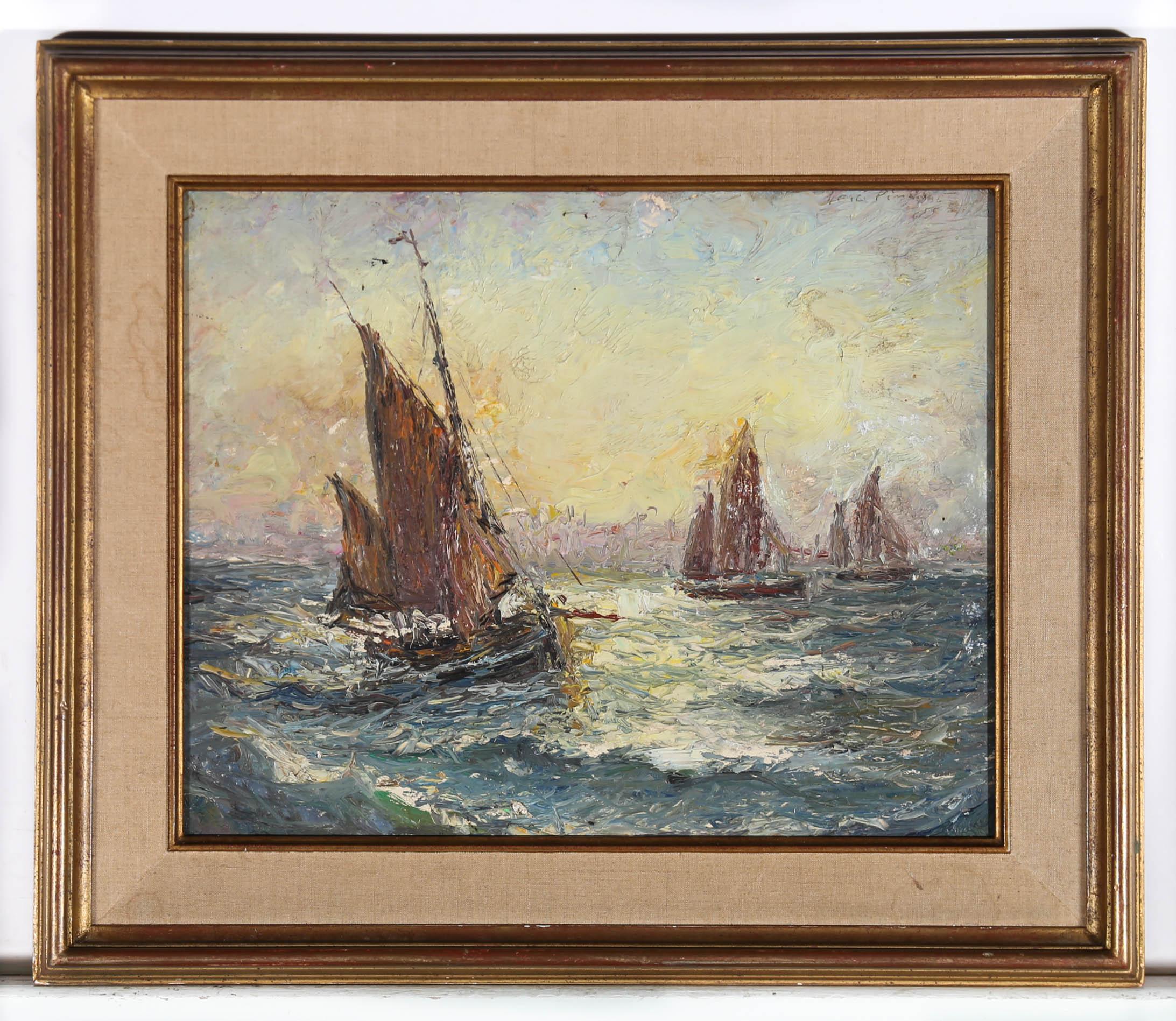 Questo affascinante studio a olio impressionistico raffigura diverse barche a vela che si godono una brezza mattutina sull'acqua. L'alba del mattino ha gettato una luce soffusa e illuminante sulle onde del mare impastate. Non firmato Il dipinto è