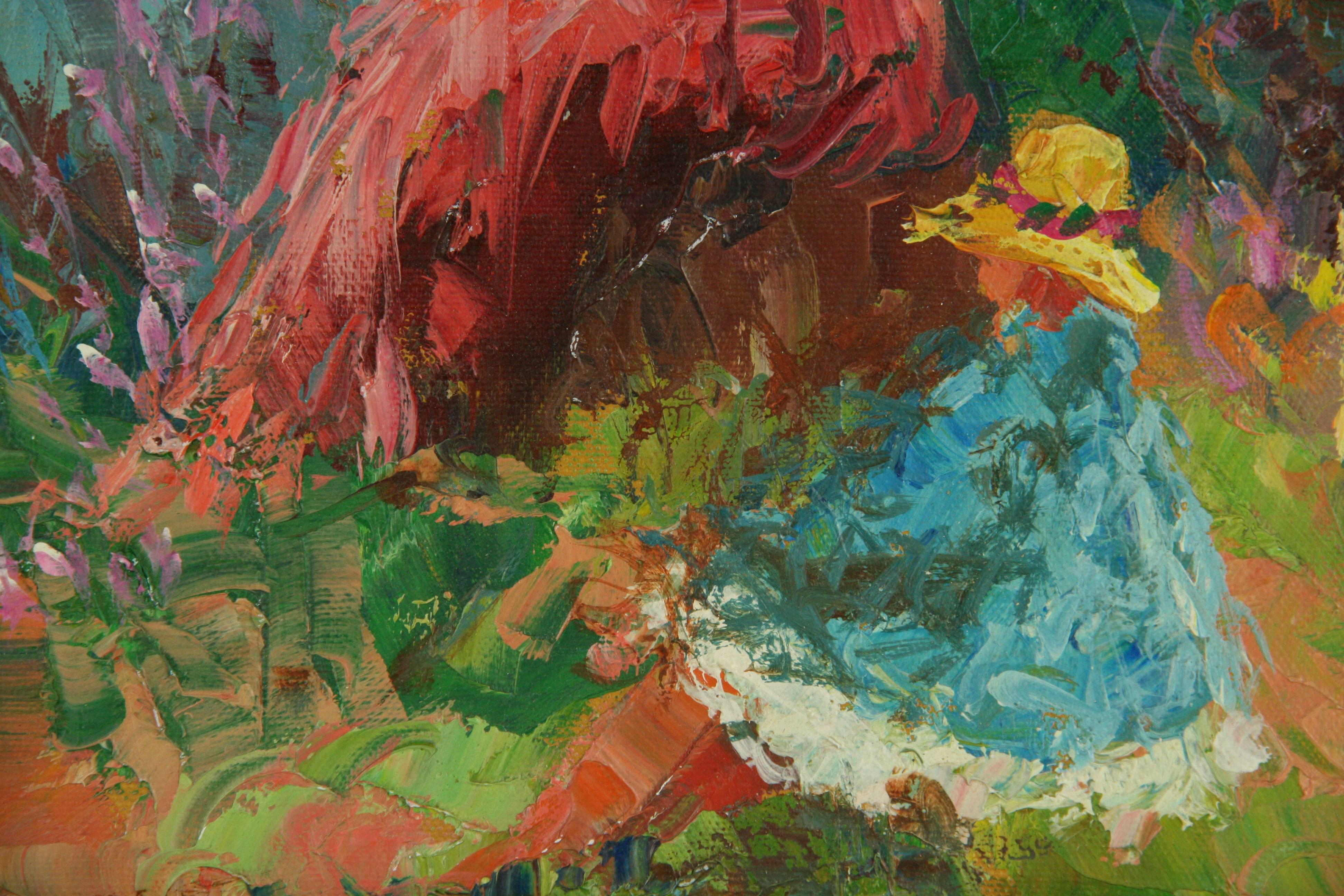 Figuratif impressionniste français « Mère et enfant »  Paysage  Peinture - peinture - Vert Landscape Painting par Unknown