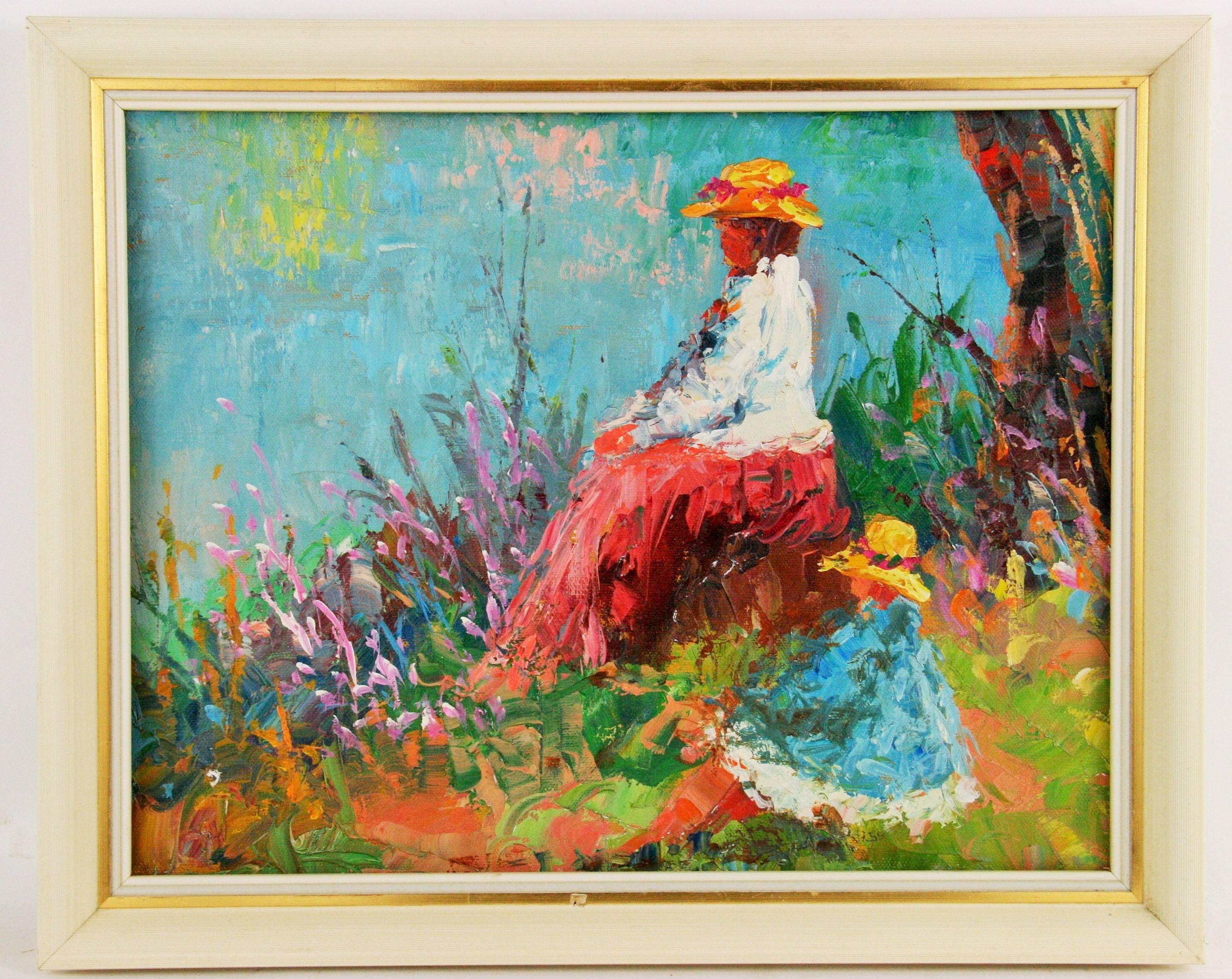 #5-2858 Une mère et son enfant, palette figurative de style impressionniste, huile sur toile appliquée sur carton, présentée dans un cadre en bois, artiste inconnu, dimensions de l'image 10,5 H x 13,5 L