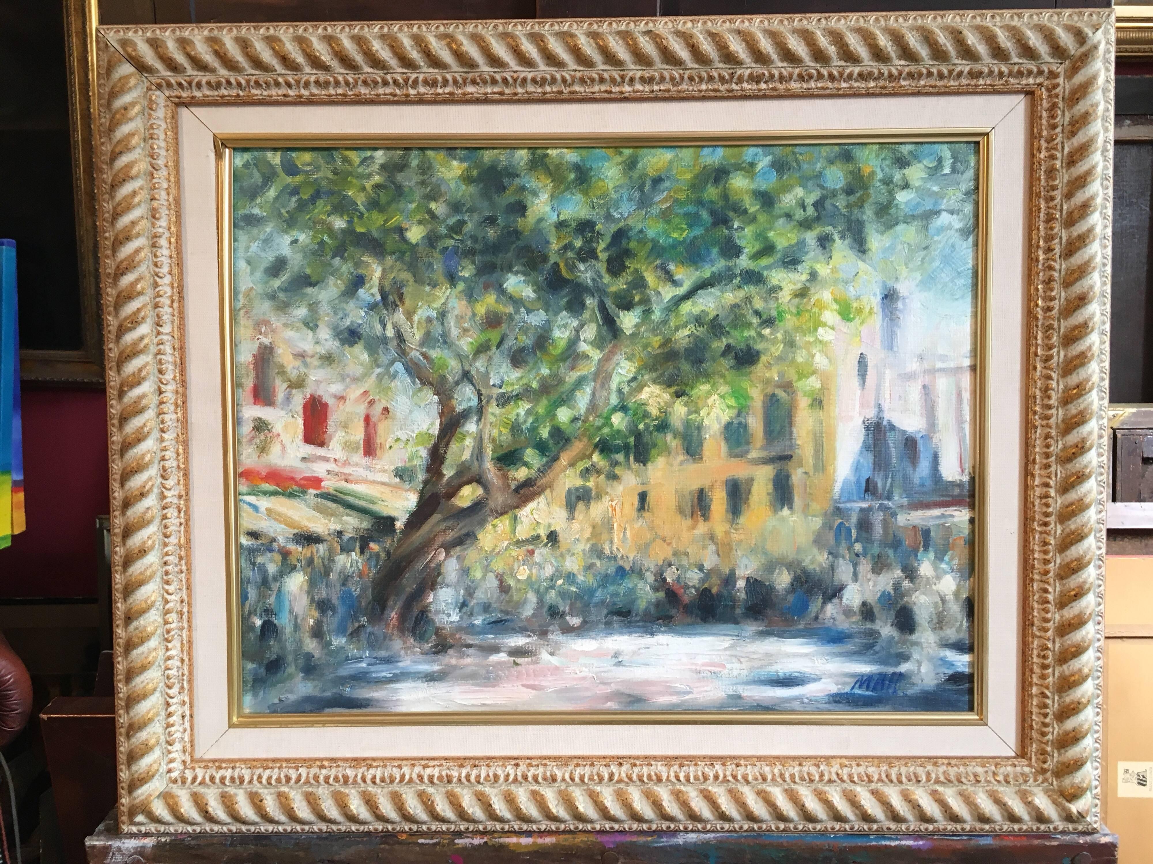 Impressionist Oil of a French Market Day - Painting by Unknown