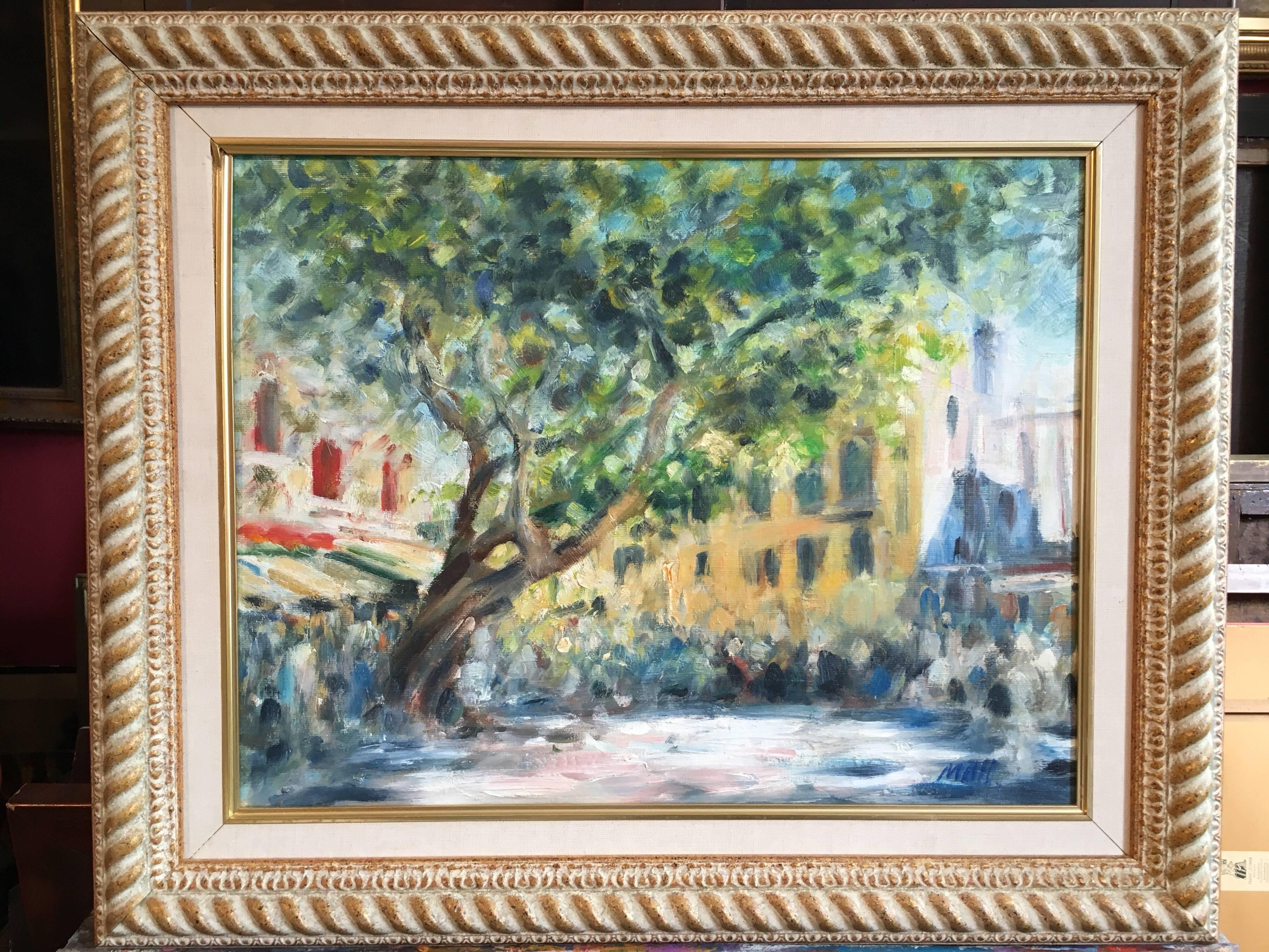 Impressionist Oil of a French Market Day - Gray Landscape Painting by Unknown