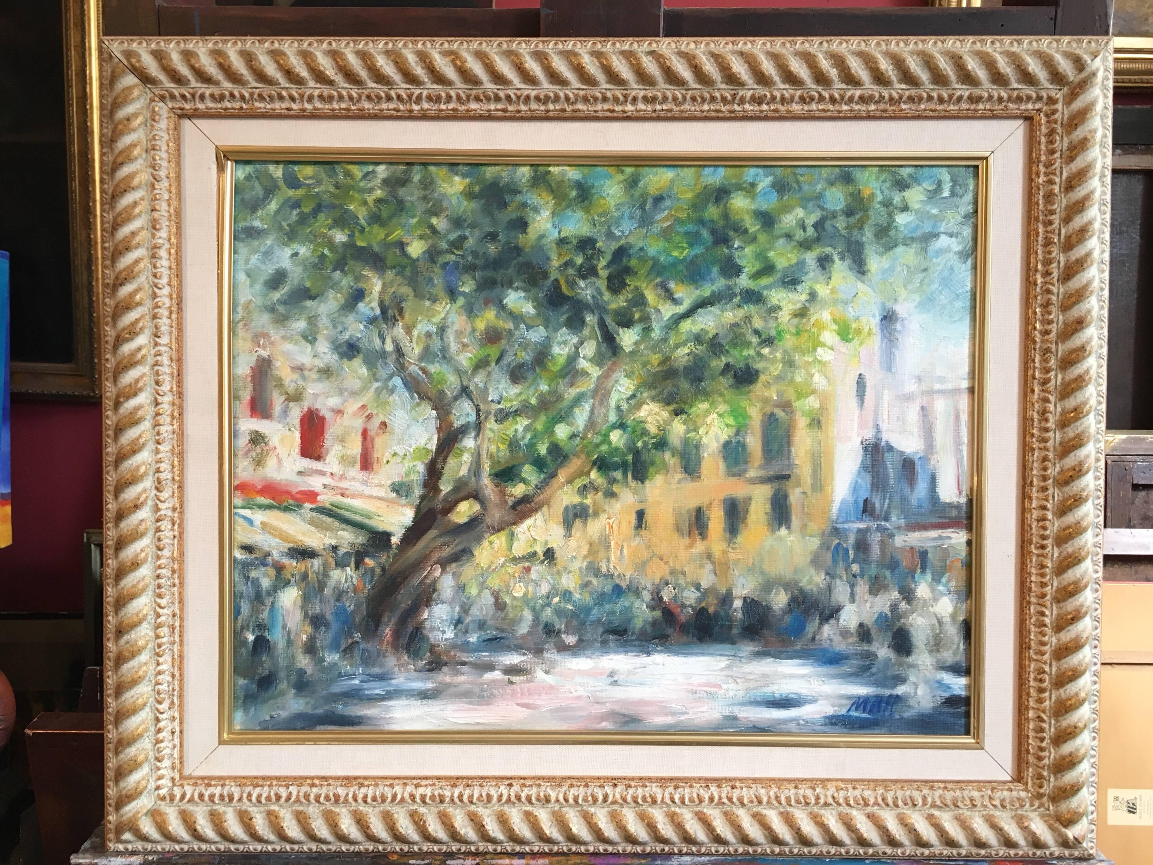 Impressionist Oil of a French Market Day
Frnech School, 20th Century
Signed by the artist on the lower right hand corner
Oil painting on board, framed
Framed size: 19 x 23 inches

This is such a beautiful painting, capturing a busy day at a local