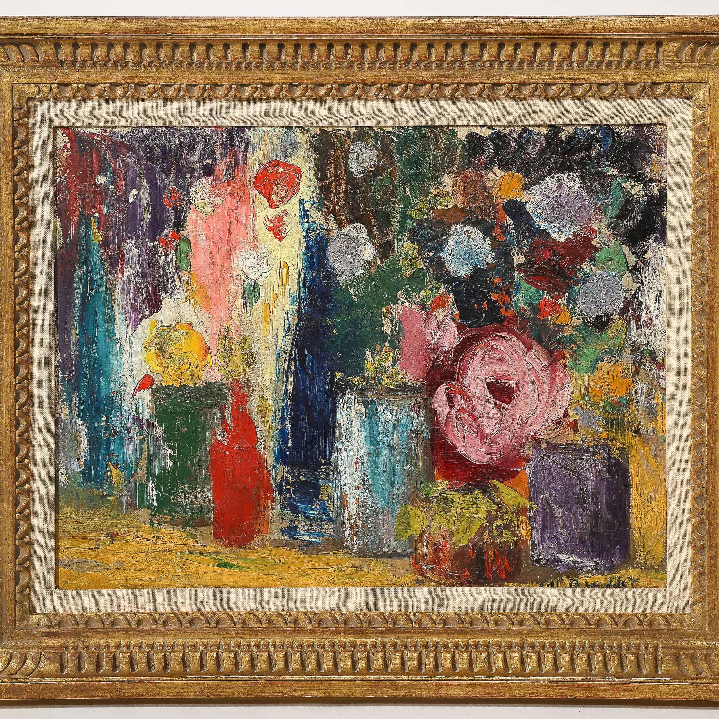 Impressionist Oil on Canvas Still Life of Flowers in Vases - Brown Abstract Painting by Unknown