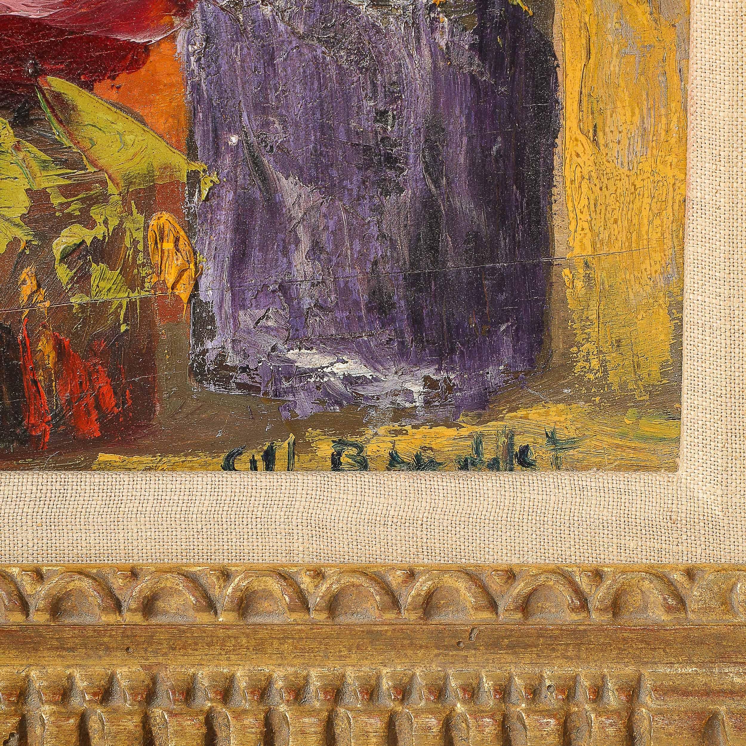 This Impressionist Oil on Canvas Still Life of Flowers in Vases originates from the United States during the 20th Century. This piece features a dazzling compsition of rich hues and thickly applied brush strokes depicting flowers and vases on a