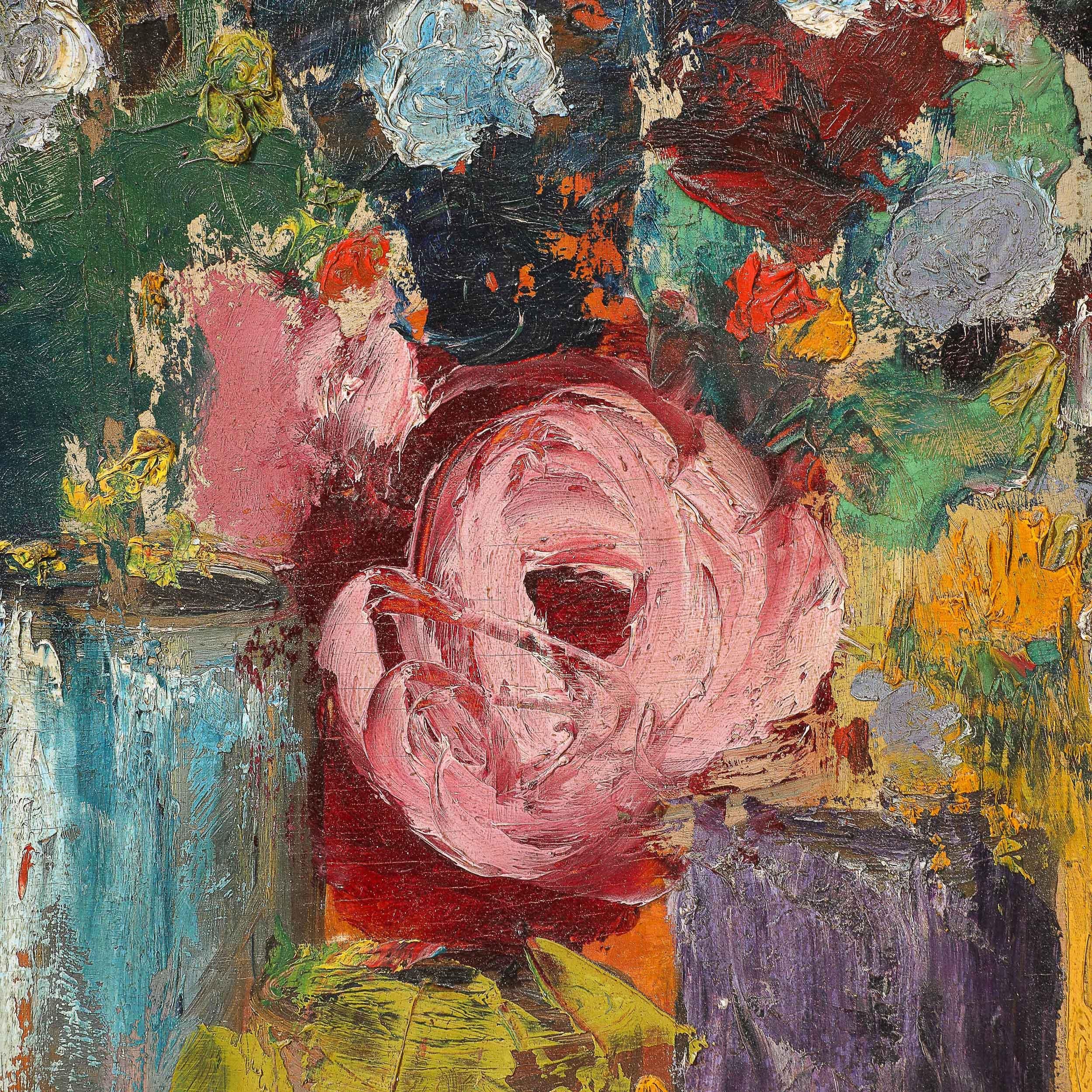 Impressionist Oil on Canvas Still Life of Flowers in Vases For Sale 1