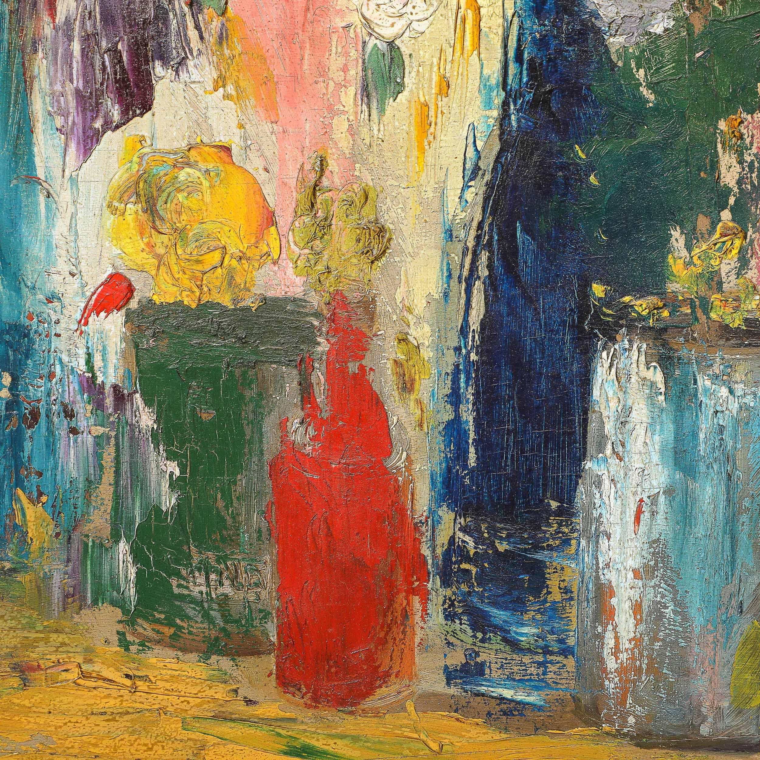 Impressionist Oil on Canvas Still Life of Flowers in Vases For Sale 3