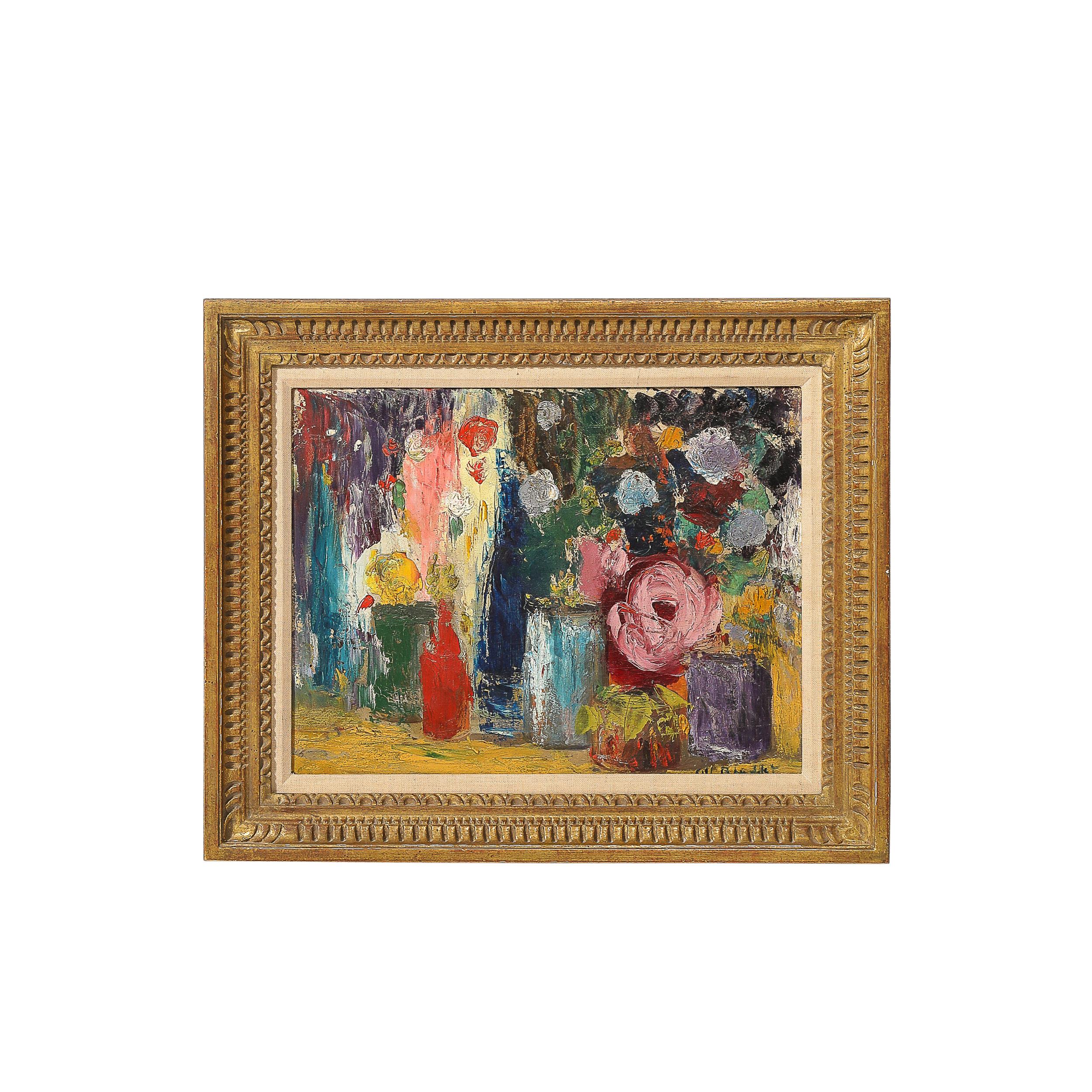 Unknown Abstract Painting - Impressionist Oil on Canvas Still Life of Flowers in Vases