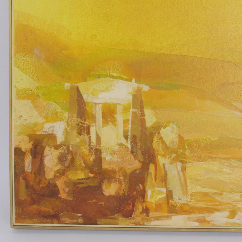Dreamy impressionist painting with a striking, hot palette. Titled Aegean Temple on the original gallery tag and presented in the period, silver leaf frame.
