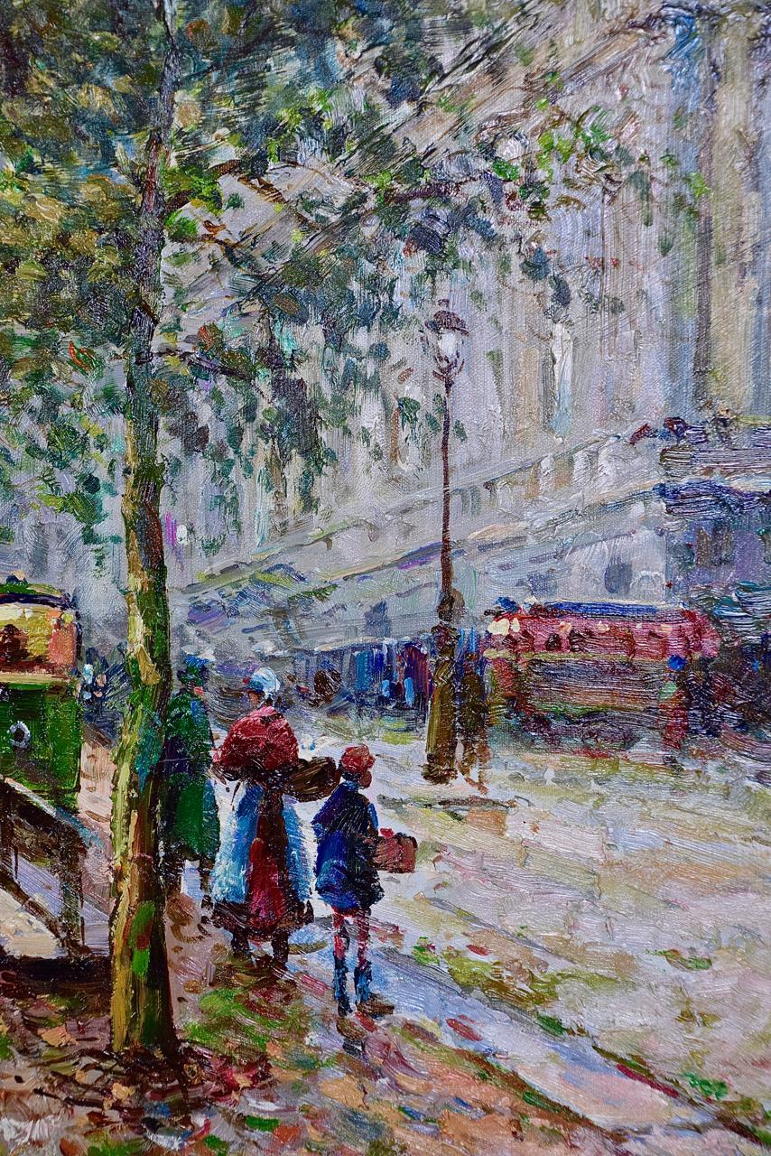 This colorful Impressionist oil on canvas painting of a Paris street scene in the manner of Antoine Blanchard and Edouard Cortes. The painting in the style of the Le Belle de Epoch period (the Beautiful Era) of French art depicts people standing