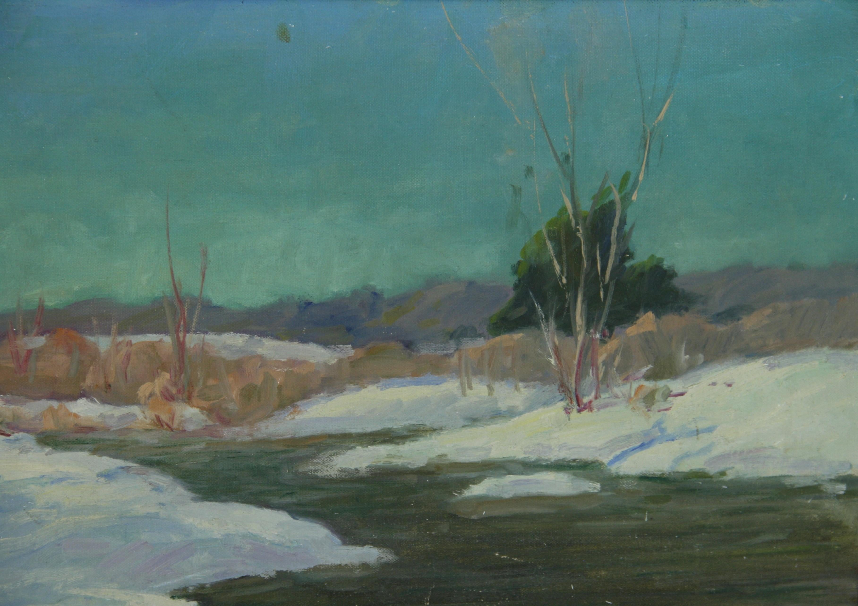 Peinture à l'huile impressionniste vintage, scène d'hiver, paysage sur l'étang - Gris Landscape Painting par Unknown